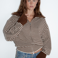 Fold Down Zipper Knit - Dark Brown with Cream Stripe