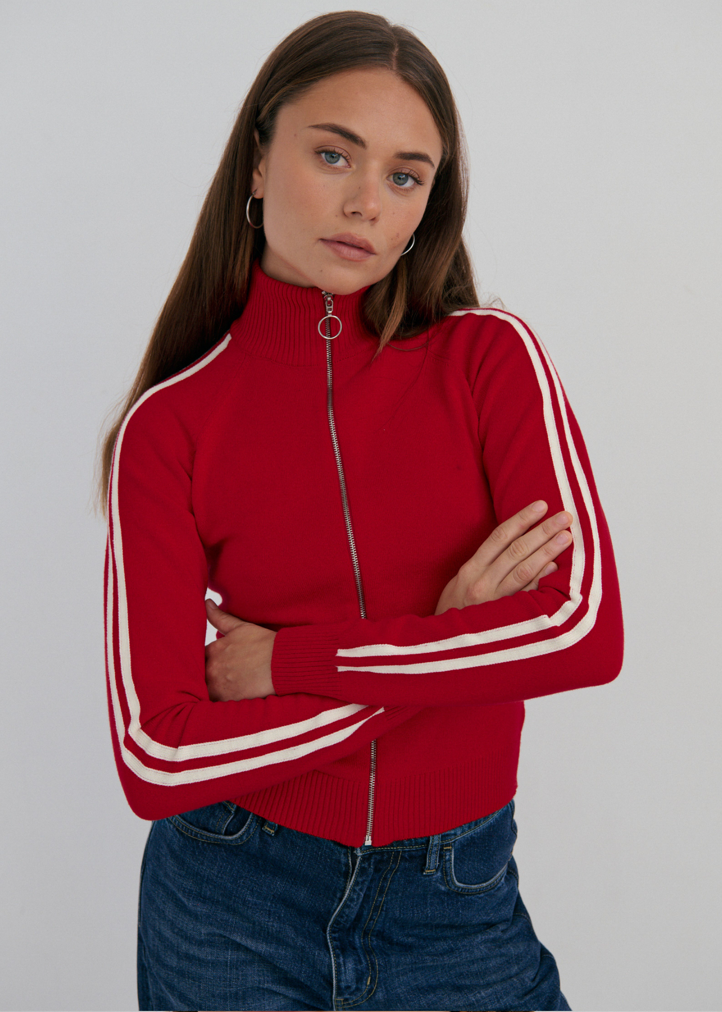 Striped Knit Bomber - Red/White