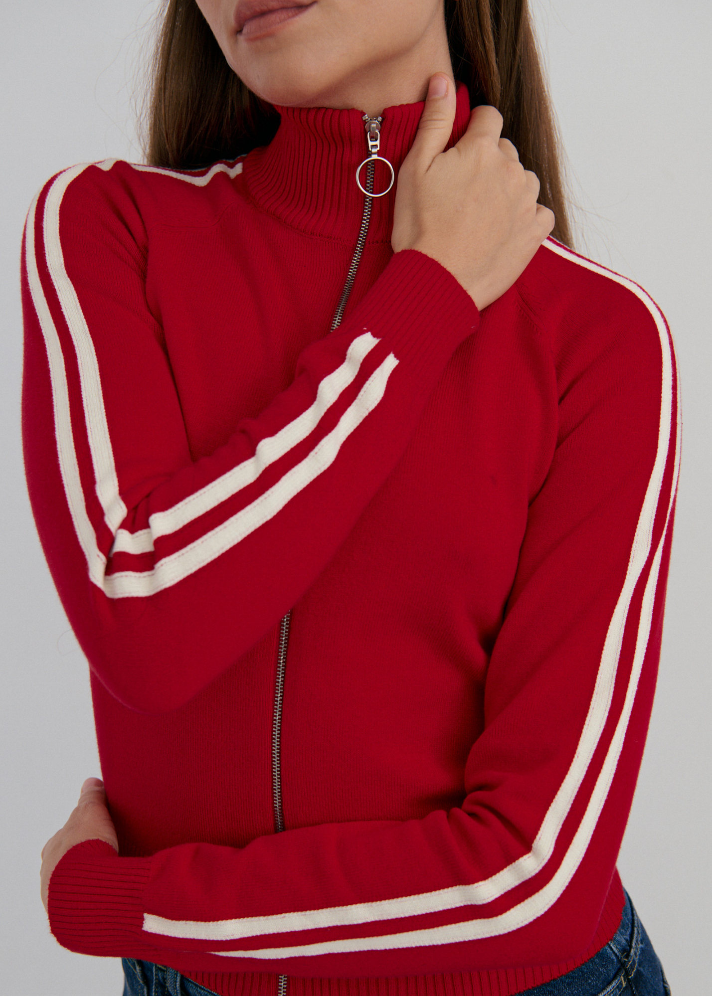 Striped Knit Bomber - Red/White