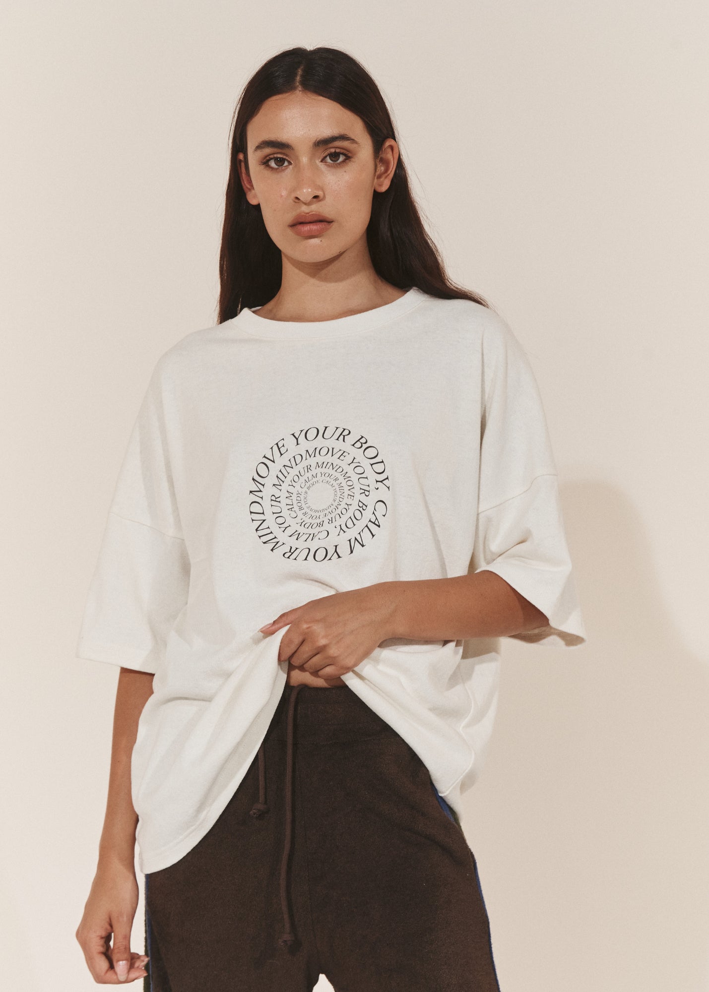 T-Shirts - Oversized Hemp Circular Print T-Shirt - Raw/Dark Brown