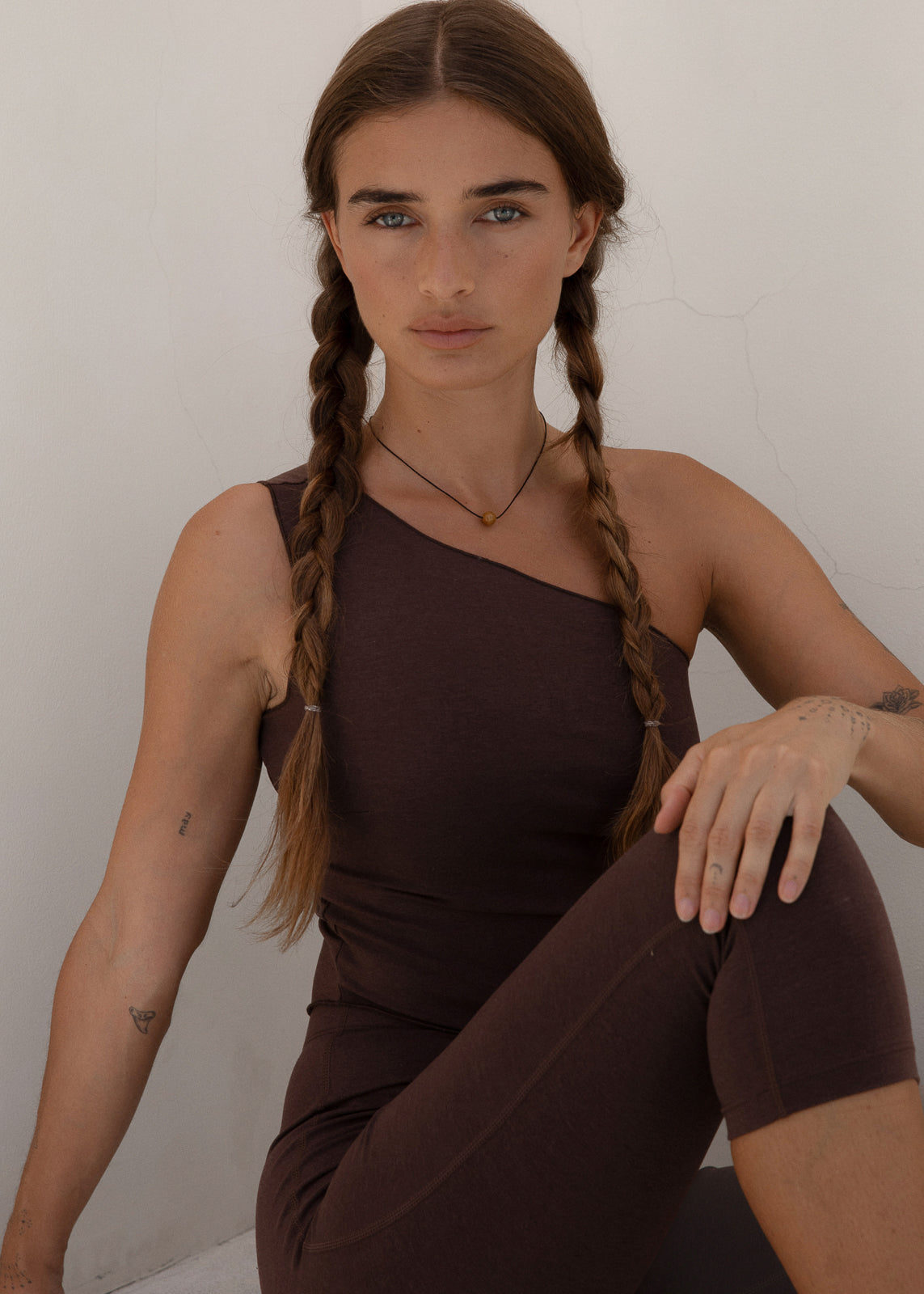 One Shoulder Asym Hem Tank - Dark Brown - Organic Cotton/Bamboo