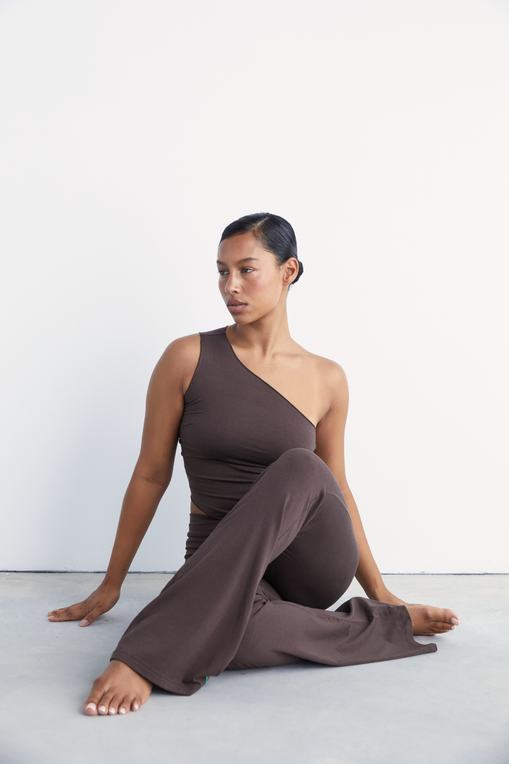 One Shoulder Asym Hem Tank - Dark Brown - Organic Cotton/Bamboo