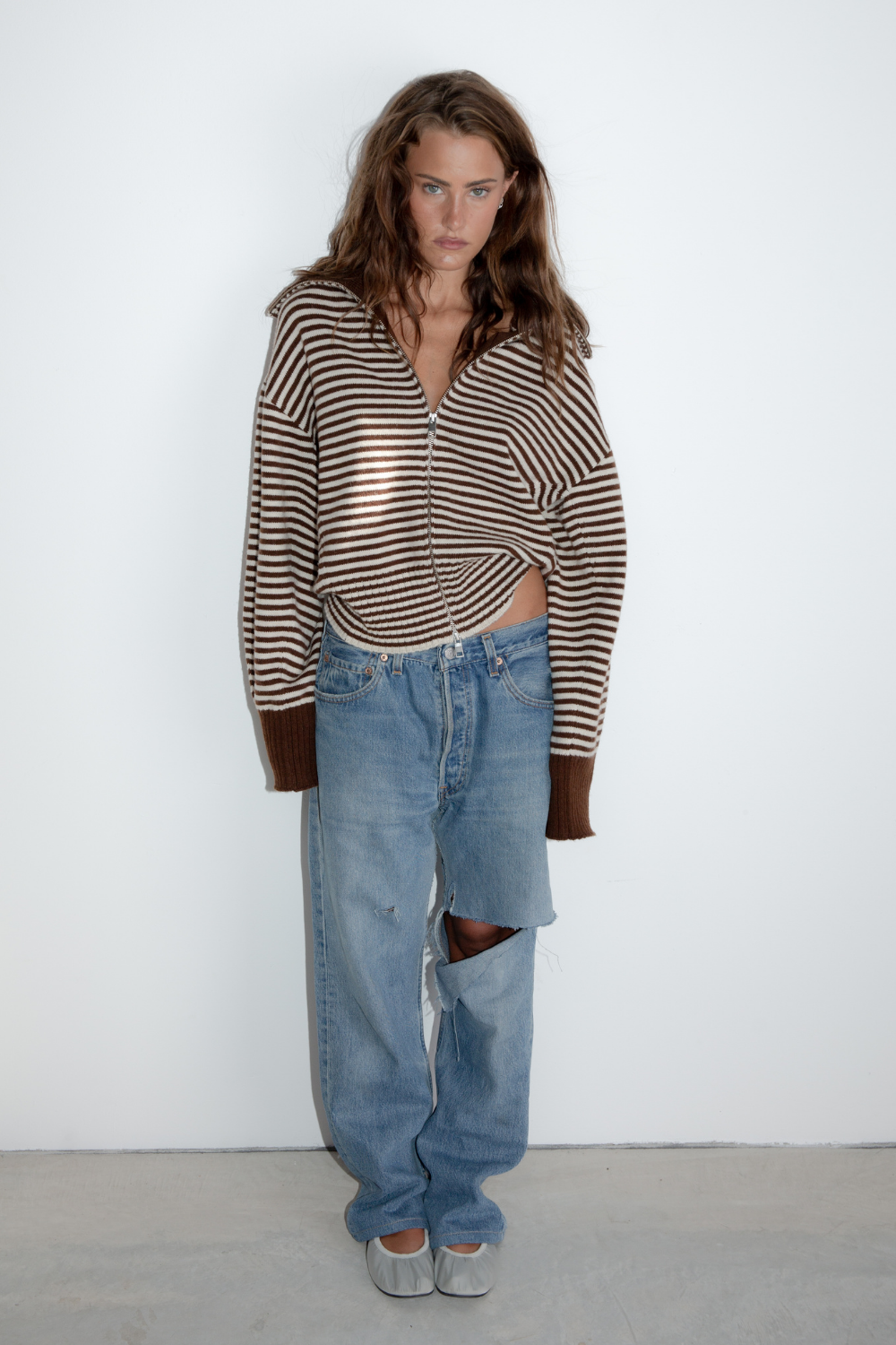 Fold Down Zipper Knit - Dark Brown with Cream Stripe