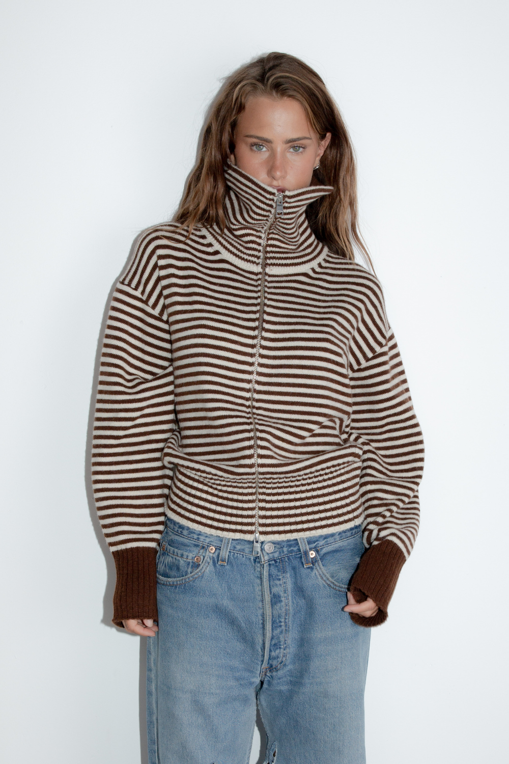 Fold Down Zipper Knit - Dark Brown with Cream Stripe
