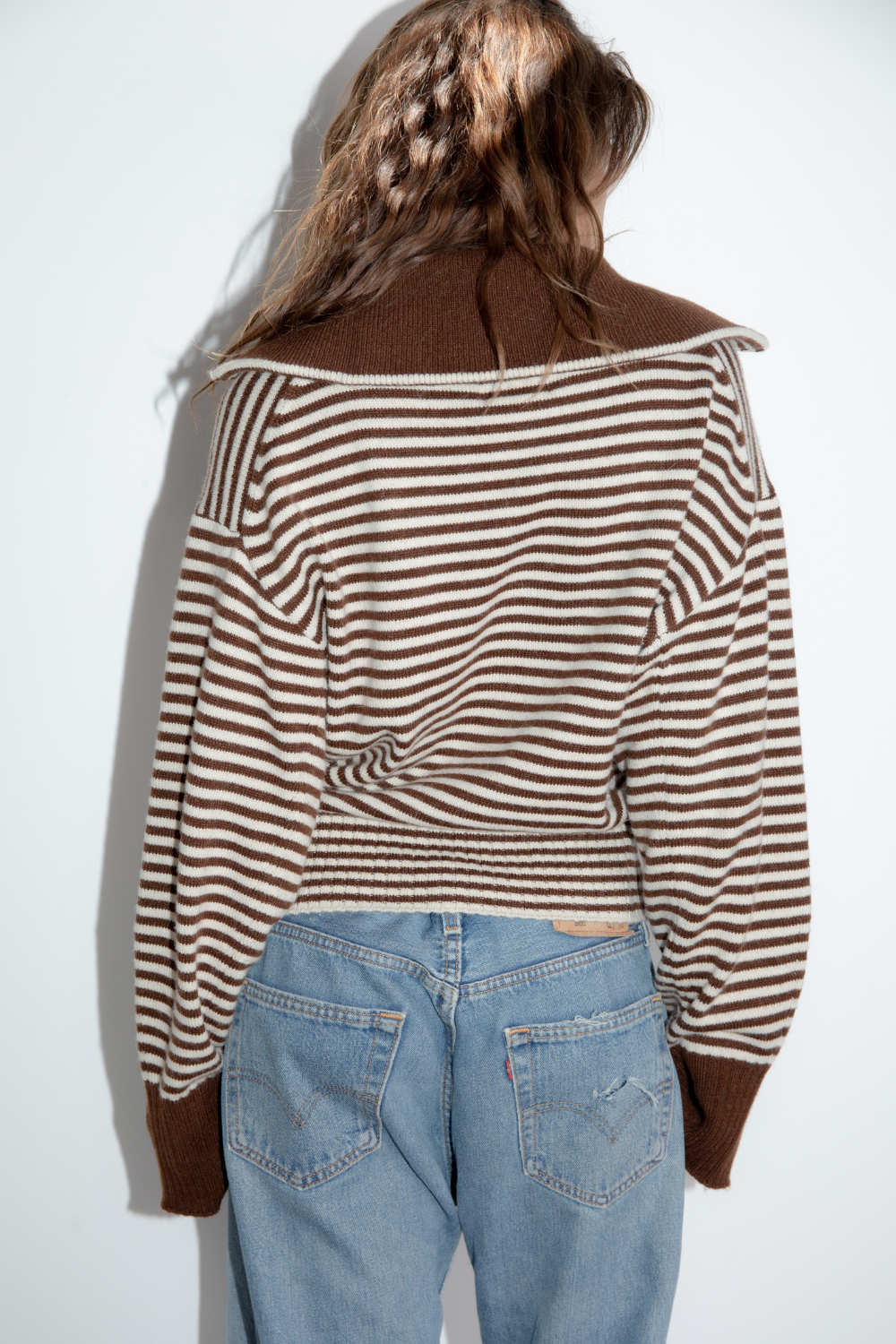 Fold Down Zipper Knit - Dark Brown with Cream Stripe