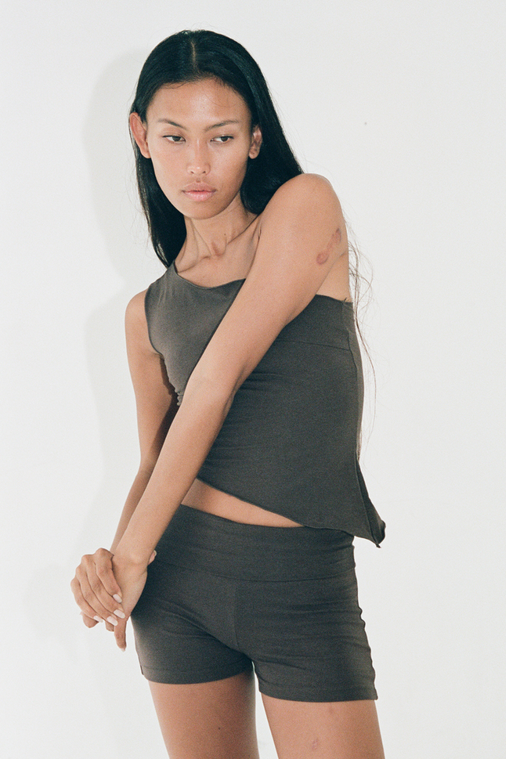 One Shoulder Asym Hem Tank - Dark Brown - Organic Cotton/Bamboo