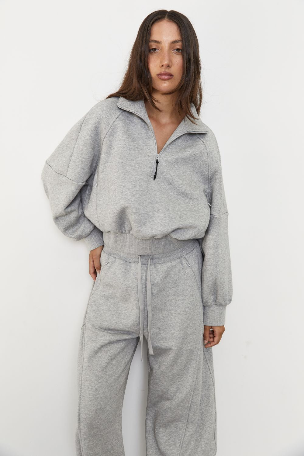 Quarter Zip Fleece Sweater - Grey Marle