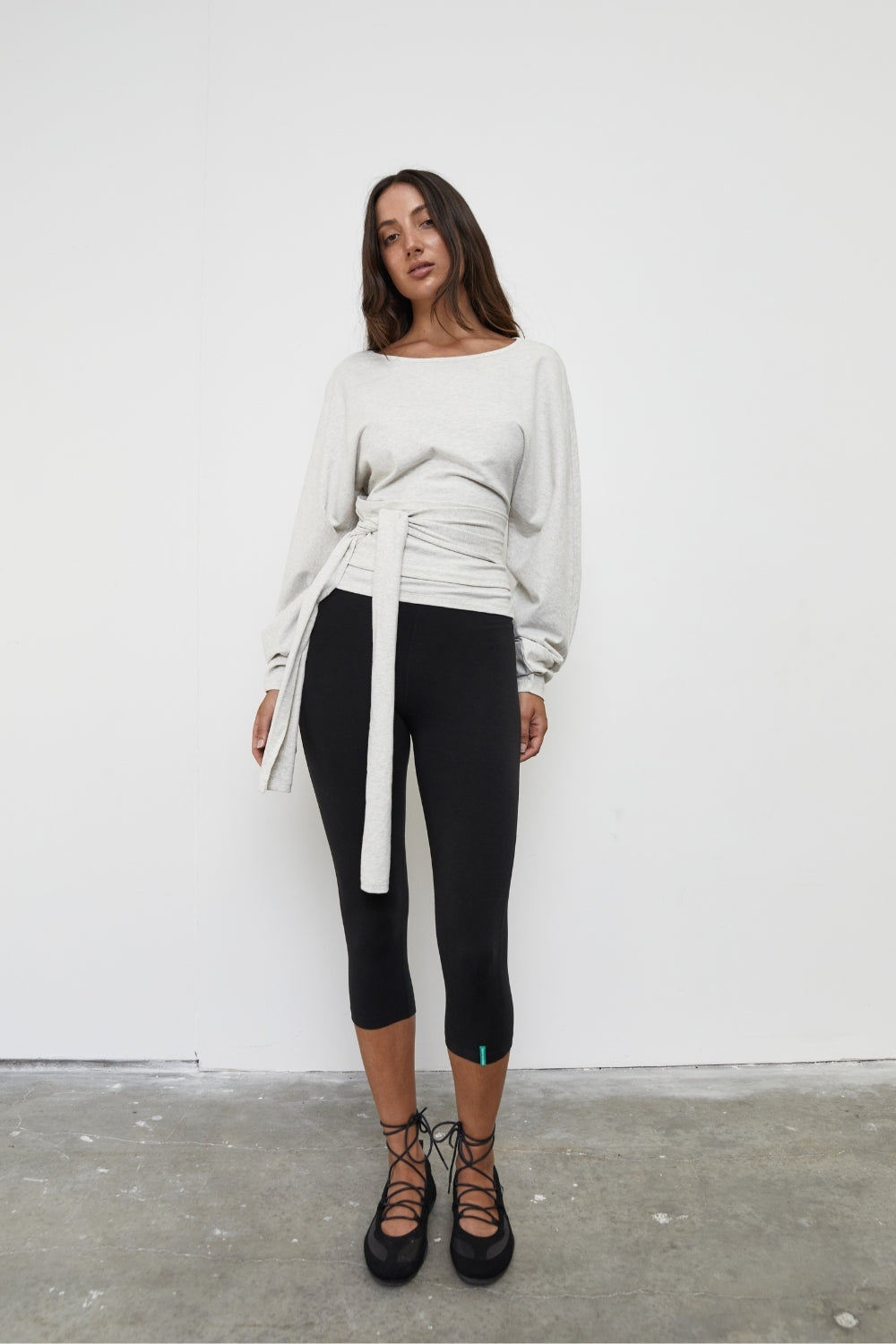 Waist Wrap Long Sleeve Top - Grey Marle