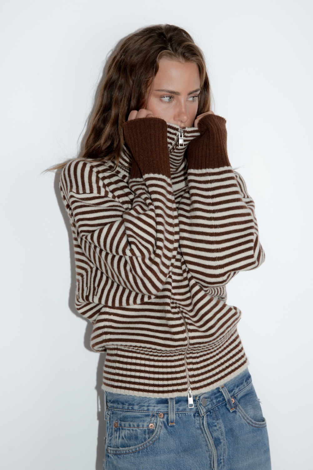 Fold Down Zipper Knit - Dark Brown with Cream Stripe