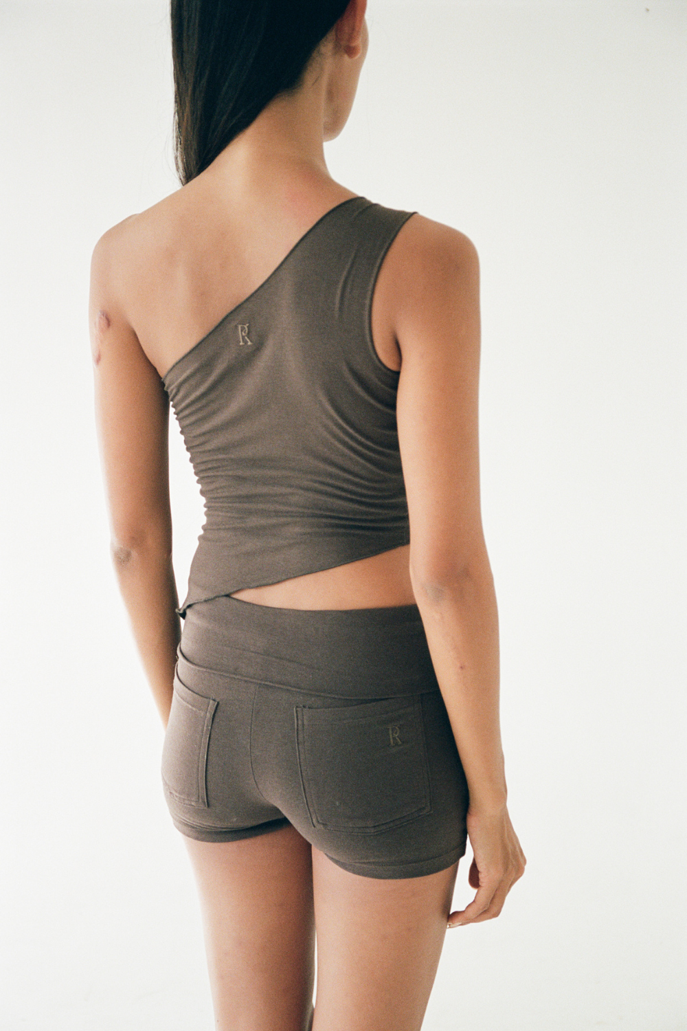 One Shoulder Asym Hem Tank - Dark Brown - Organic Cotton/Bamboo