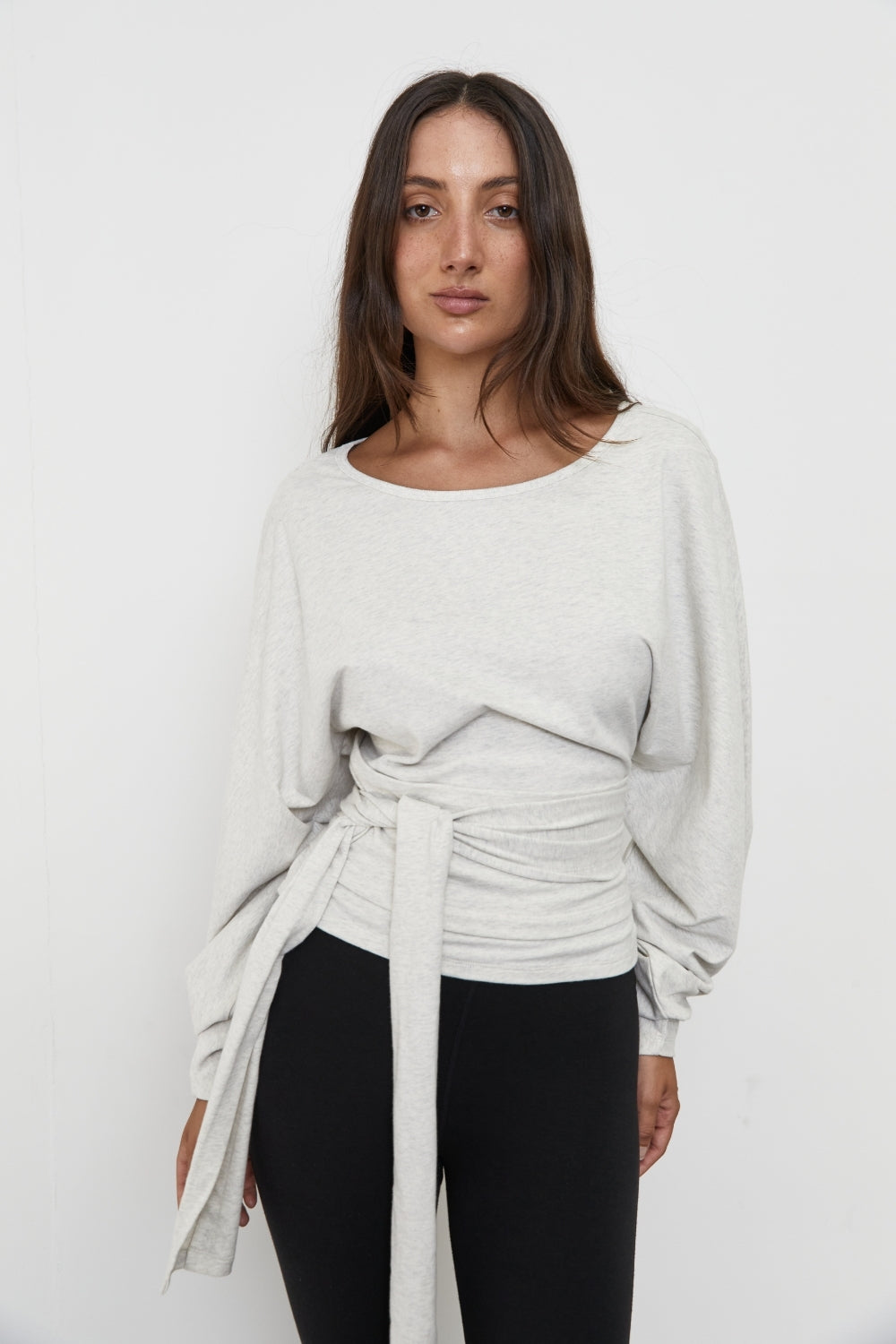Waist Wrap Long Sleeve Top - Grey Marle