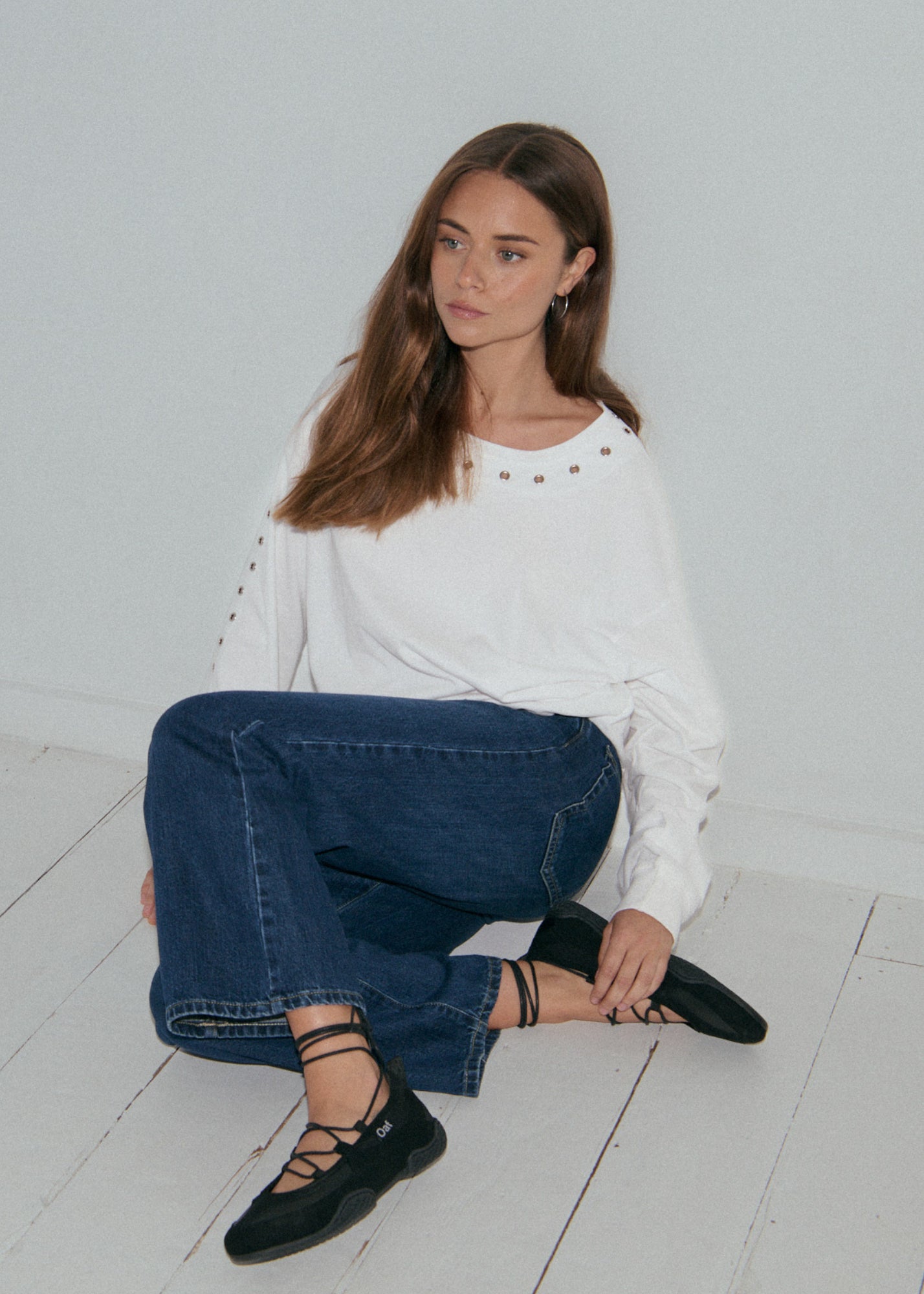 Long Sleeve Eyelet Top - White