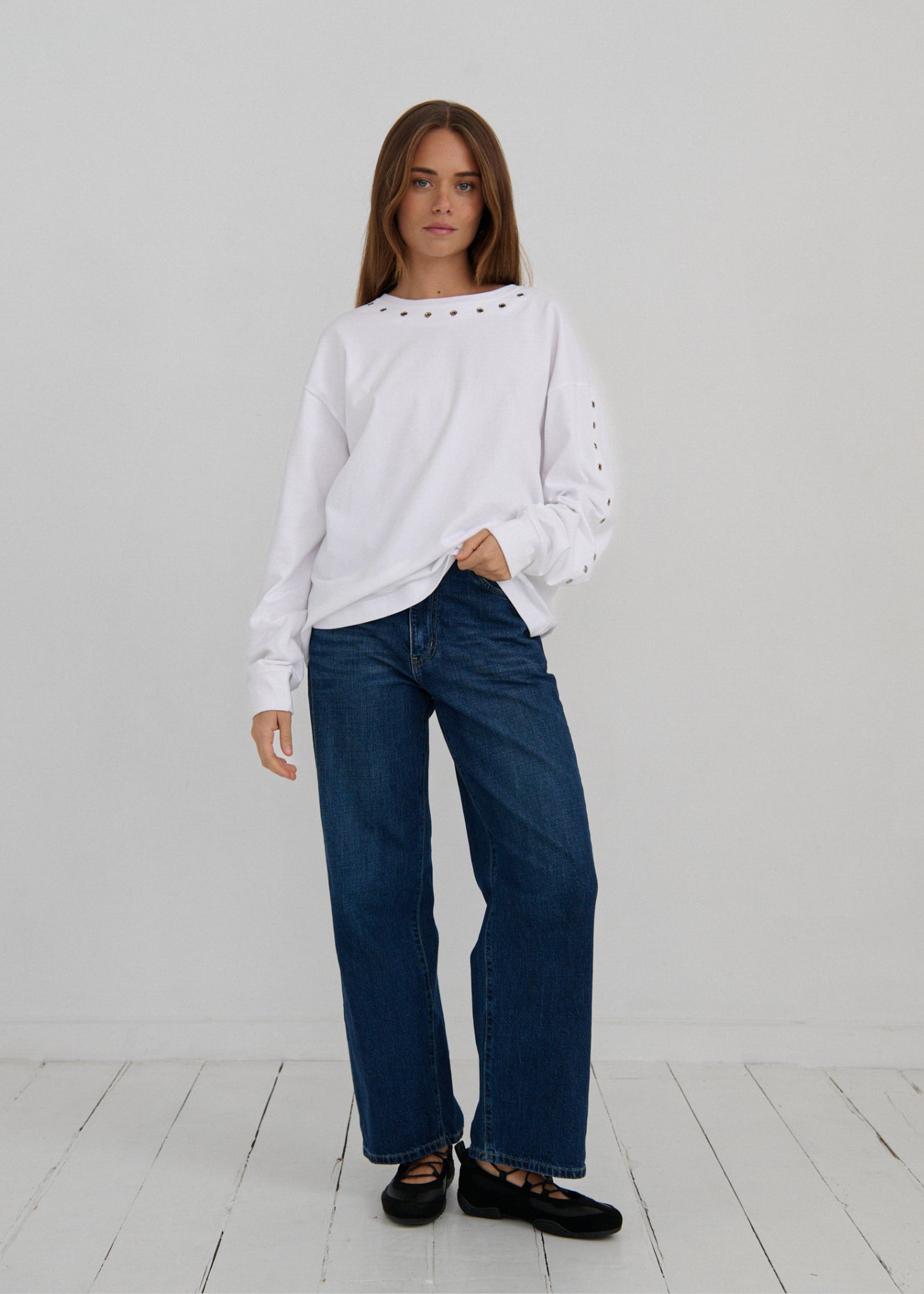 Long Sleeve Eyelet Top - White