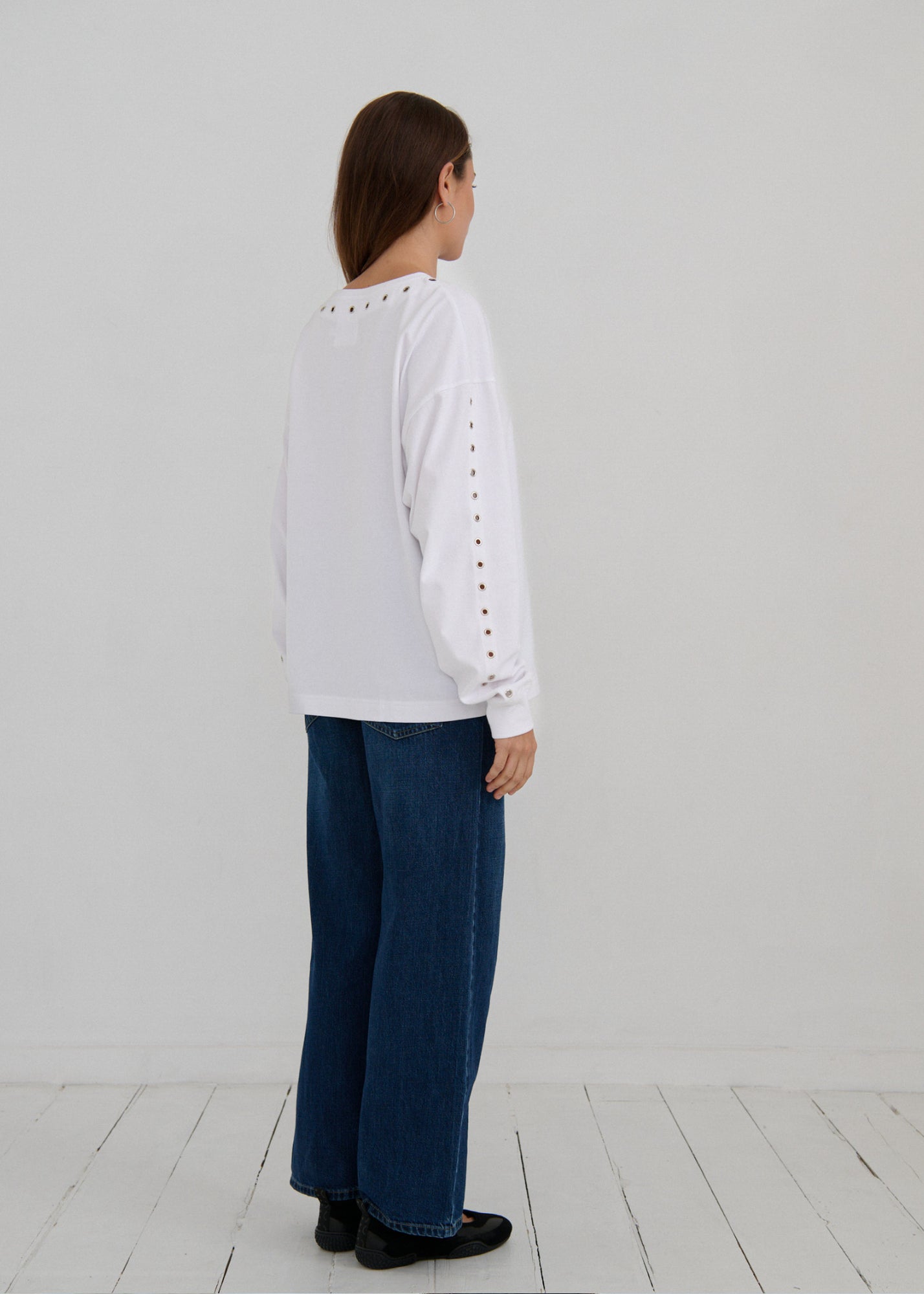 Long Sleeve Eyelet Top - White