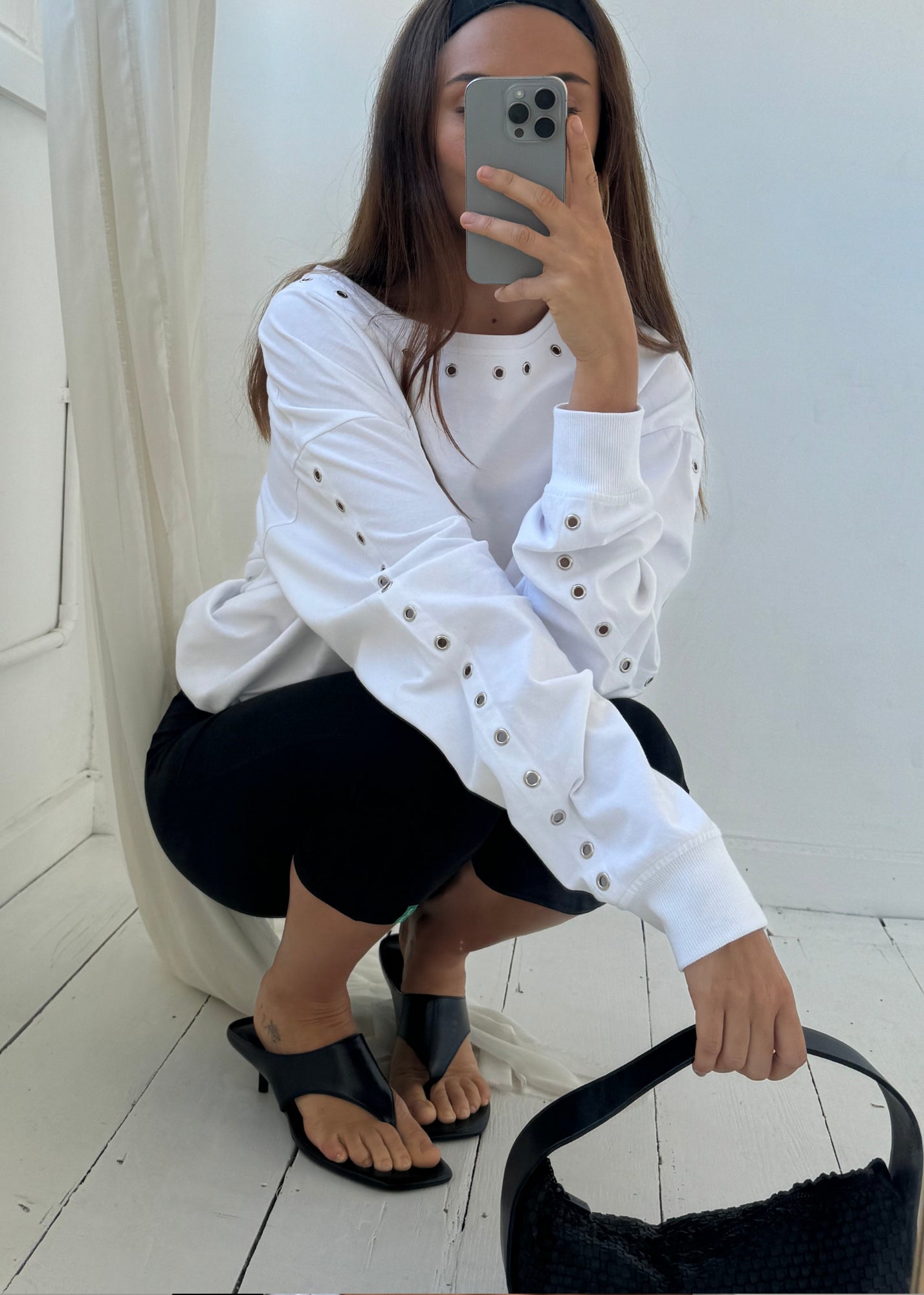 Long Sleeve Eyelet Top - White