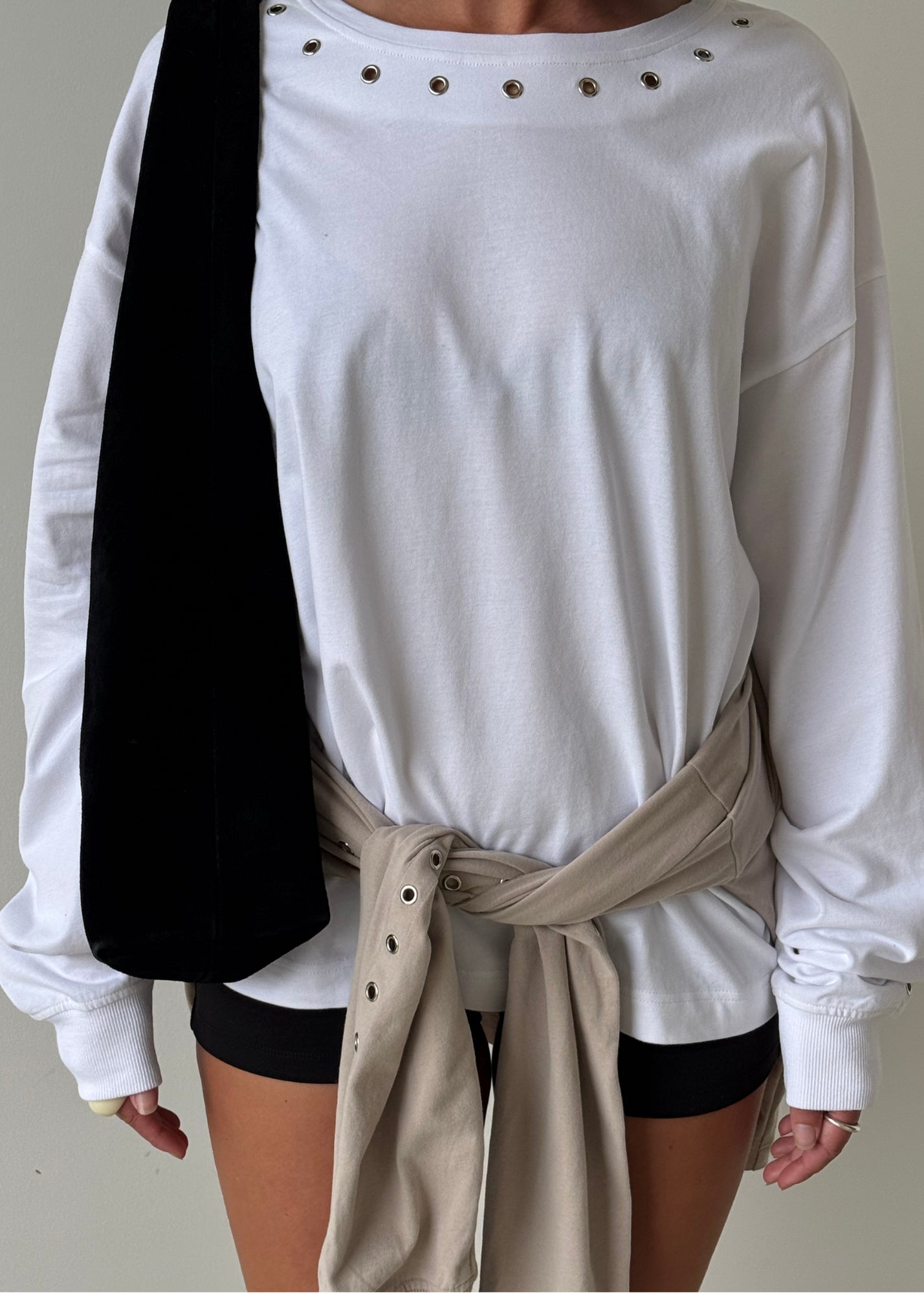 Long Sleeve Eyelet Top - White