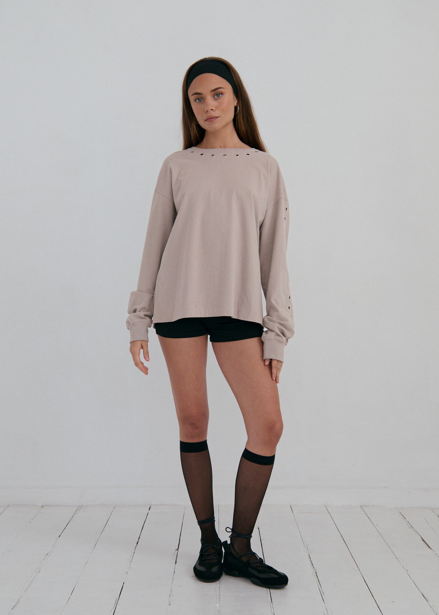 Long Sleeve Eyelet Top - Graphite