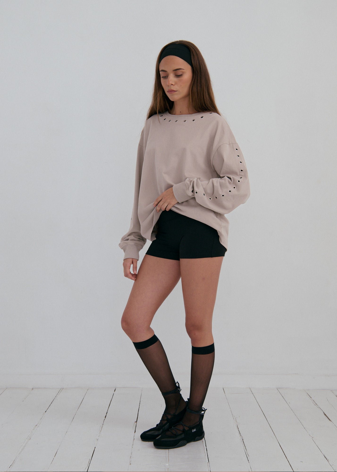 Long Sleeve Eyelet Top - Graphite