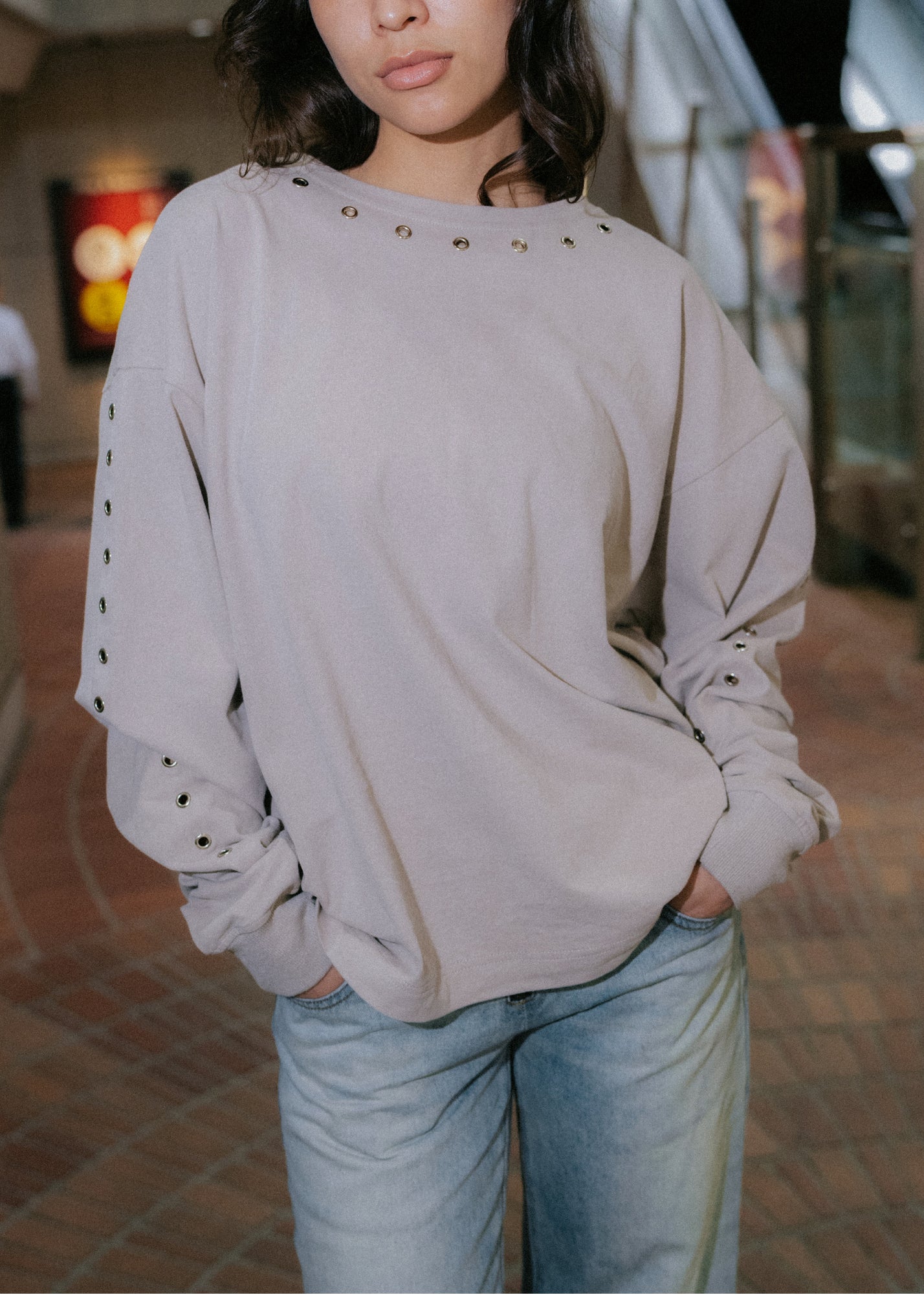 Long Sleeve Eyelet Top - Graphite