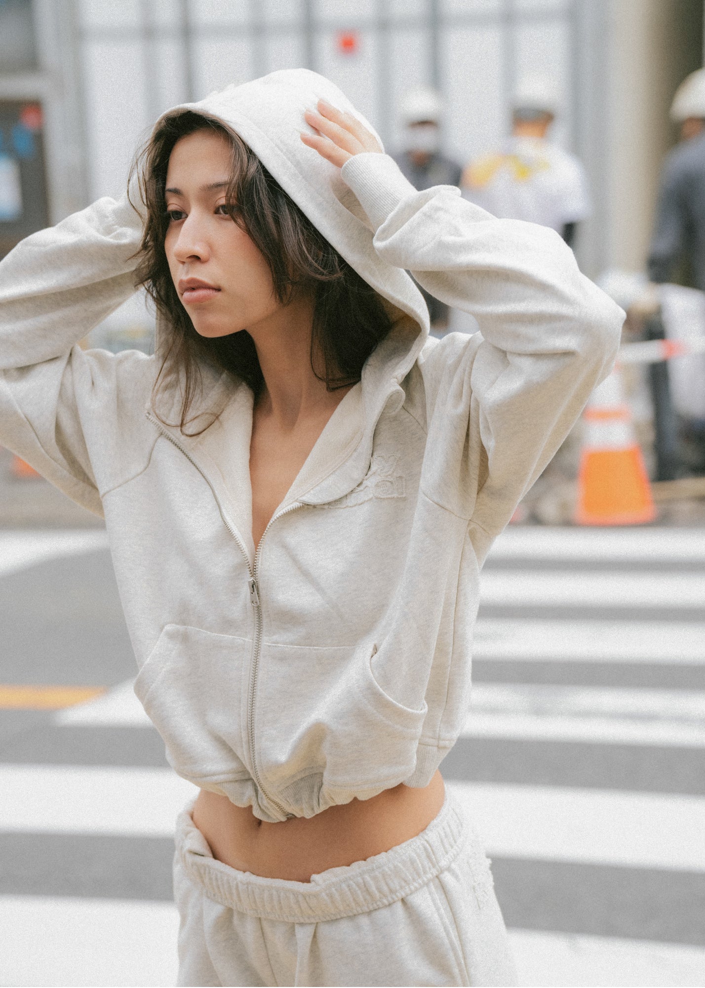 Cropped Zipper Hoodie - Grey Marle