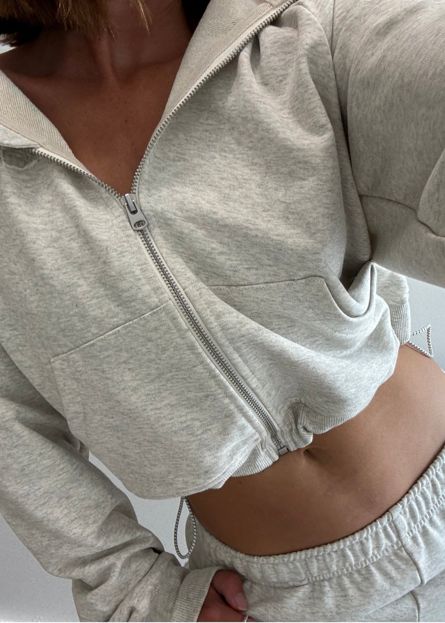 Cropped Zipper Hoodie - Grey Marle