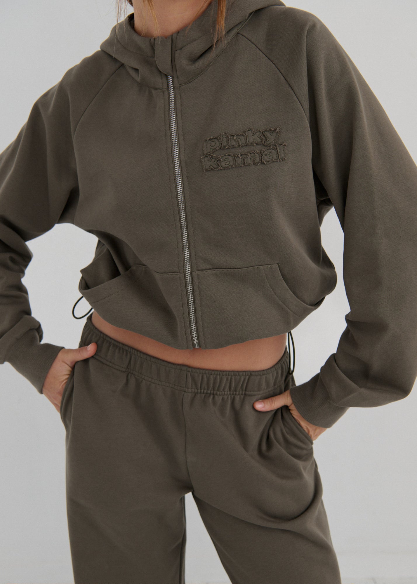 Cropped Zipper Hoodie - Khaki