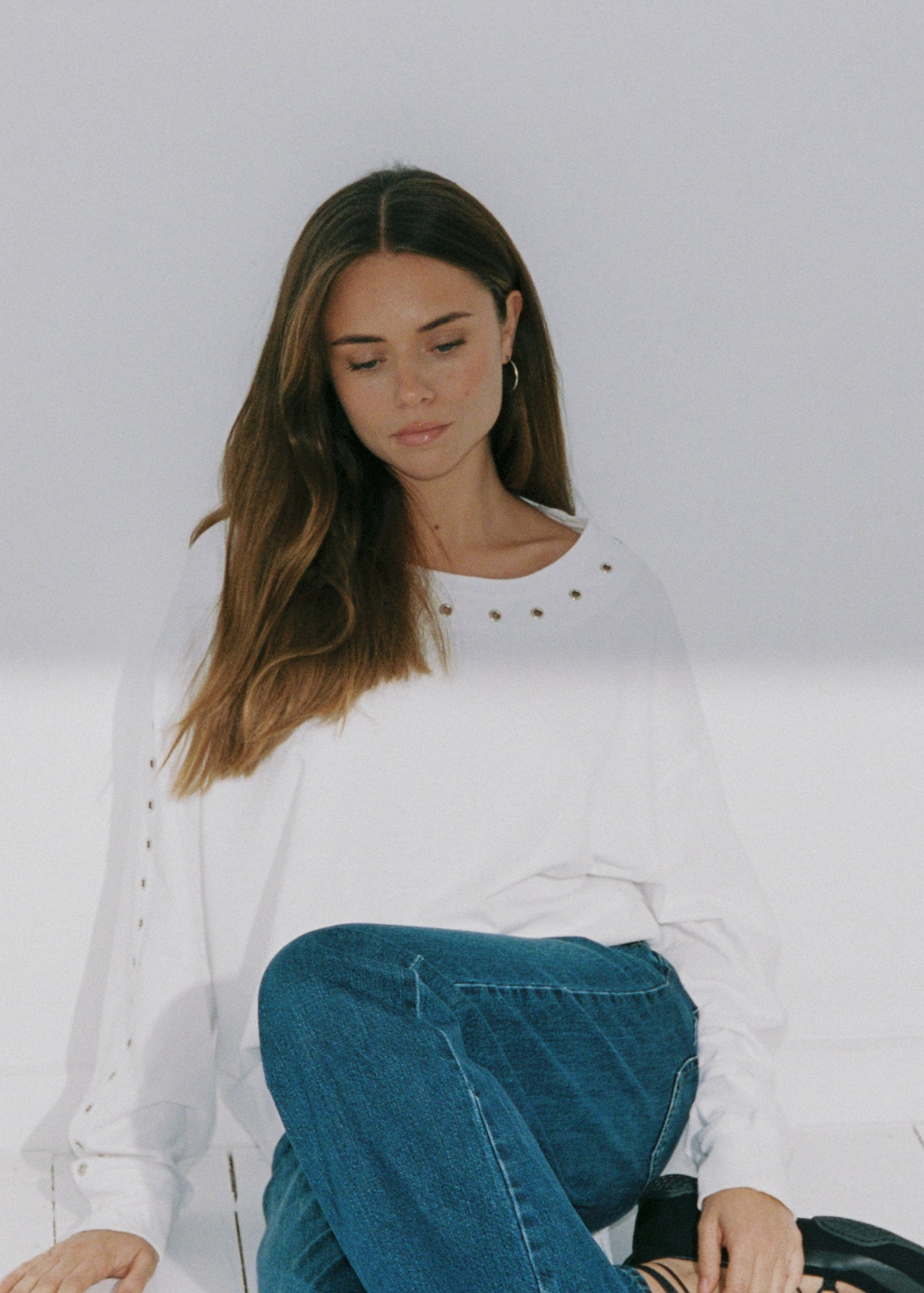 Long Sleeve Eyelet Top - White