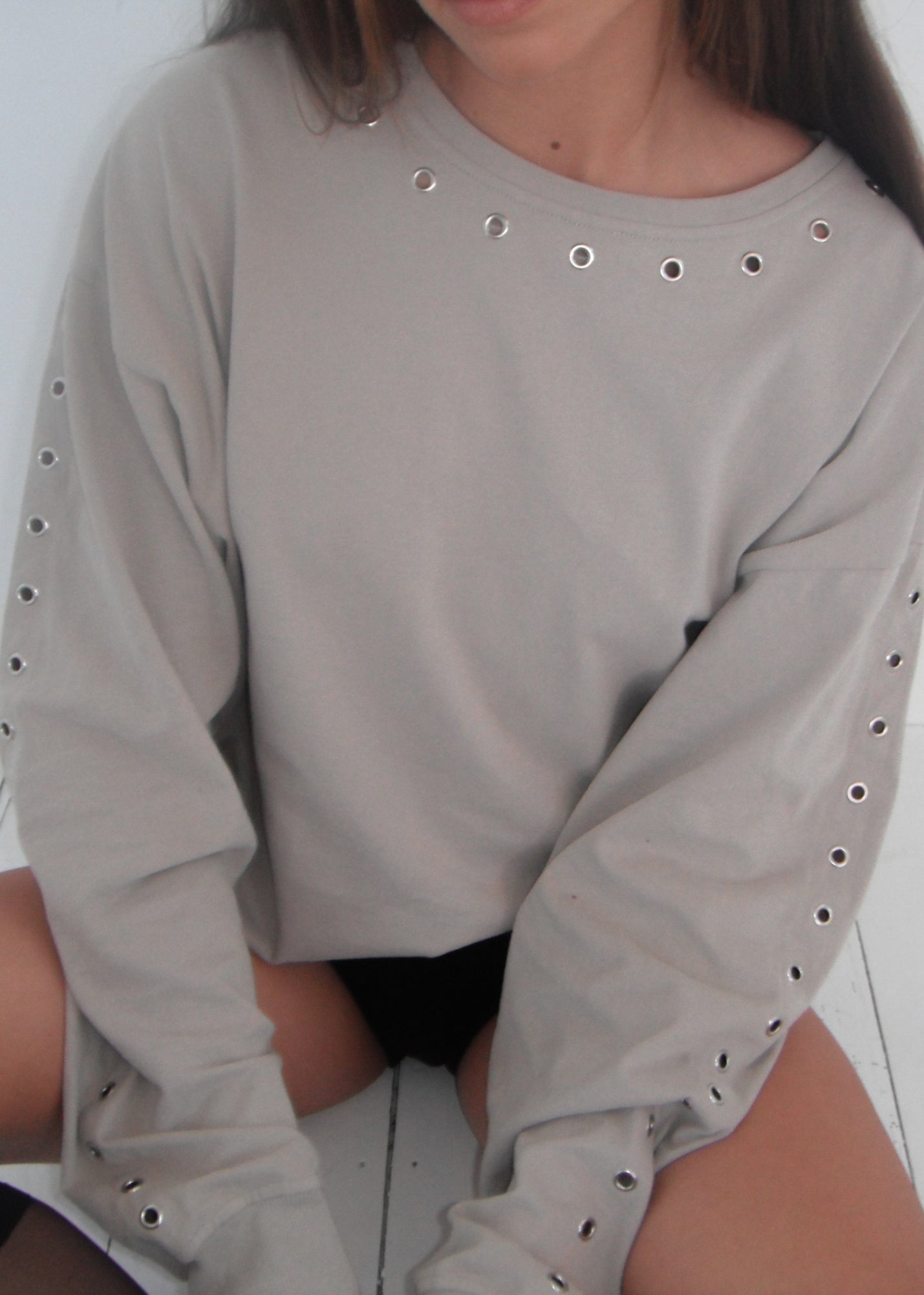 Long Sleeve Eyelet Top - Graphite