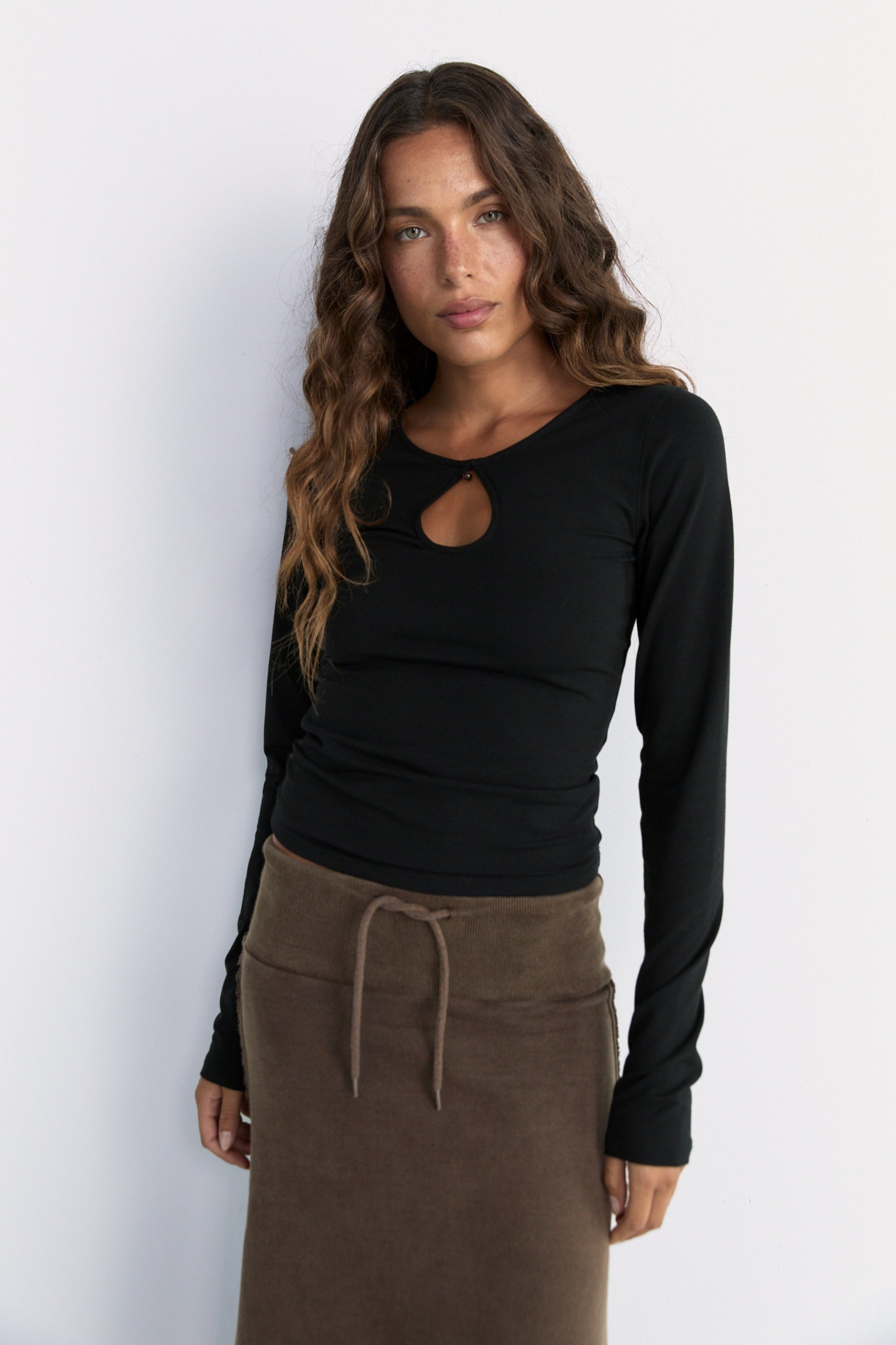 Beaded Long Sleeve Top - Black