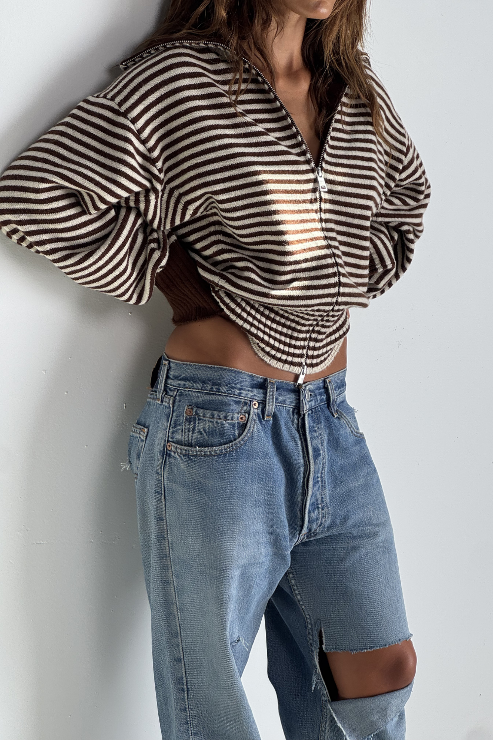 Fold Down Zipper Knit - Dark Brown/Cream Stripe – Pinky & Kamal