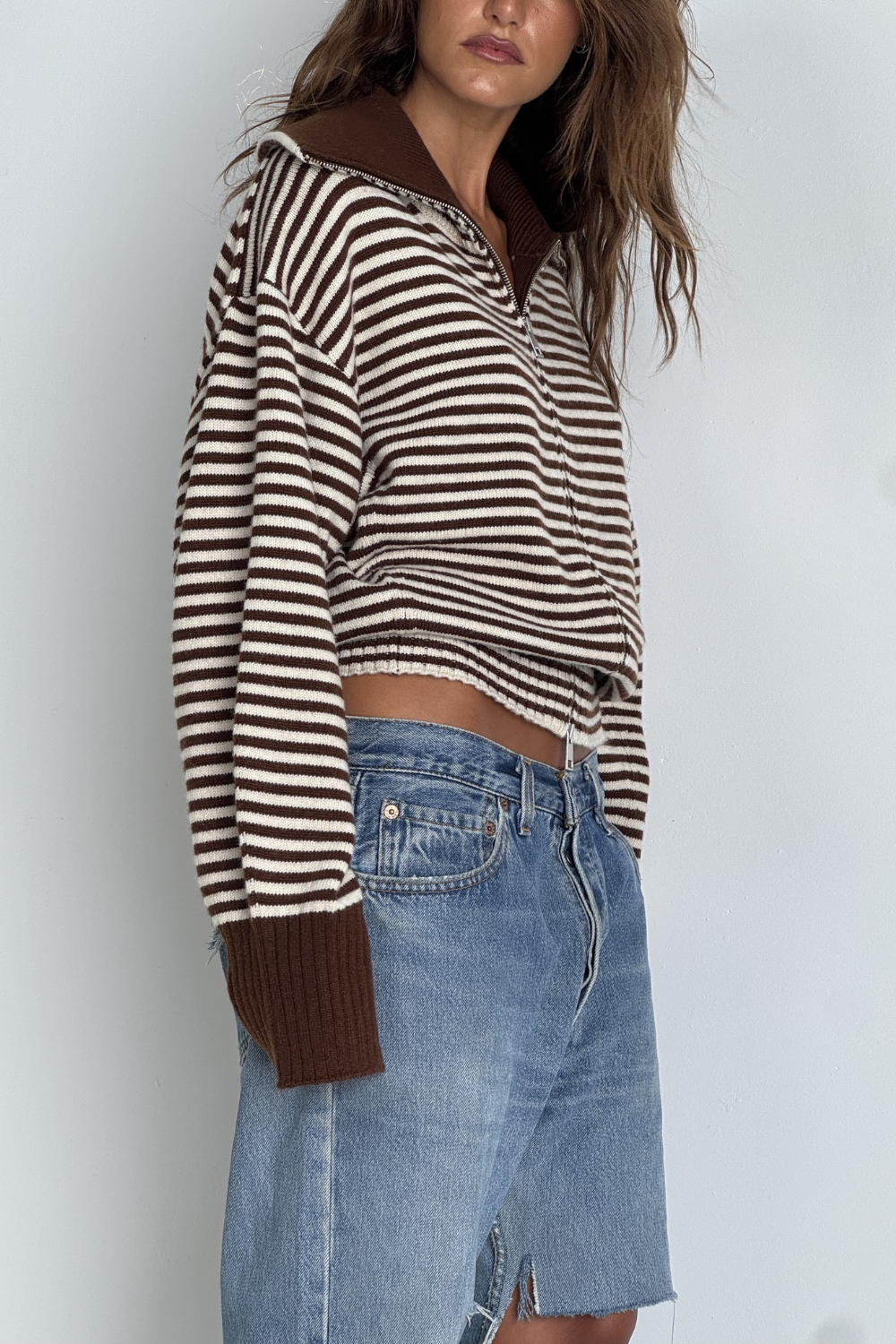 Fold Down Zipper Knit - Dark Brown with Cream Stripe