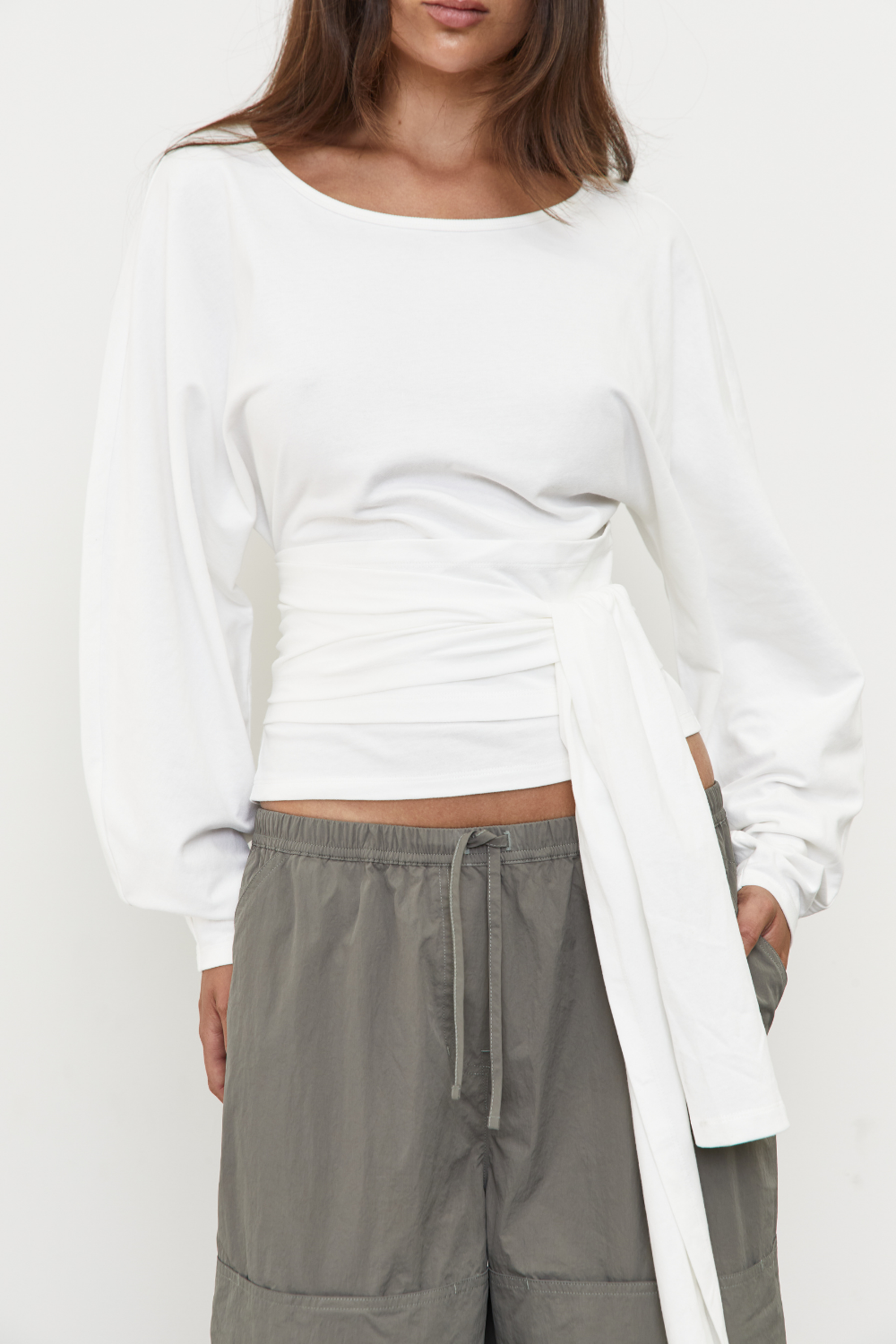 Waist Wrap Long Sleeve Top - White