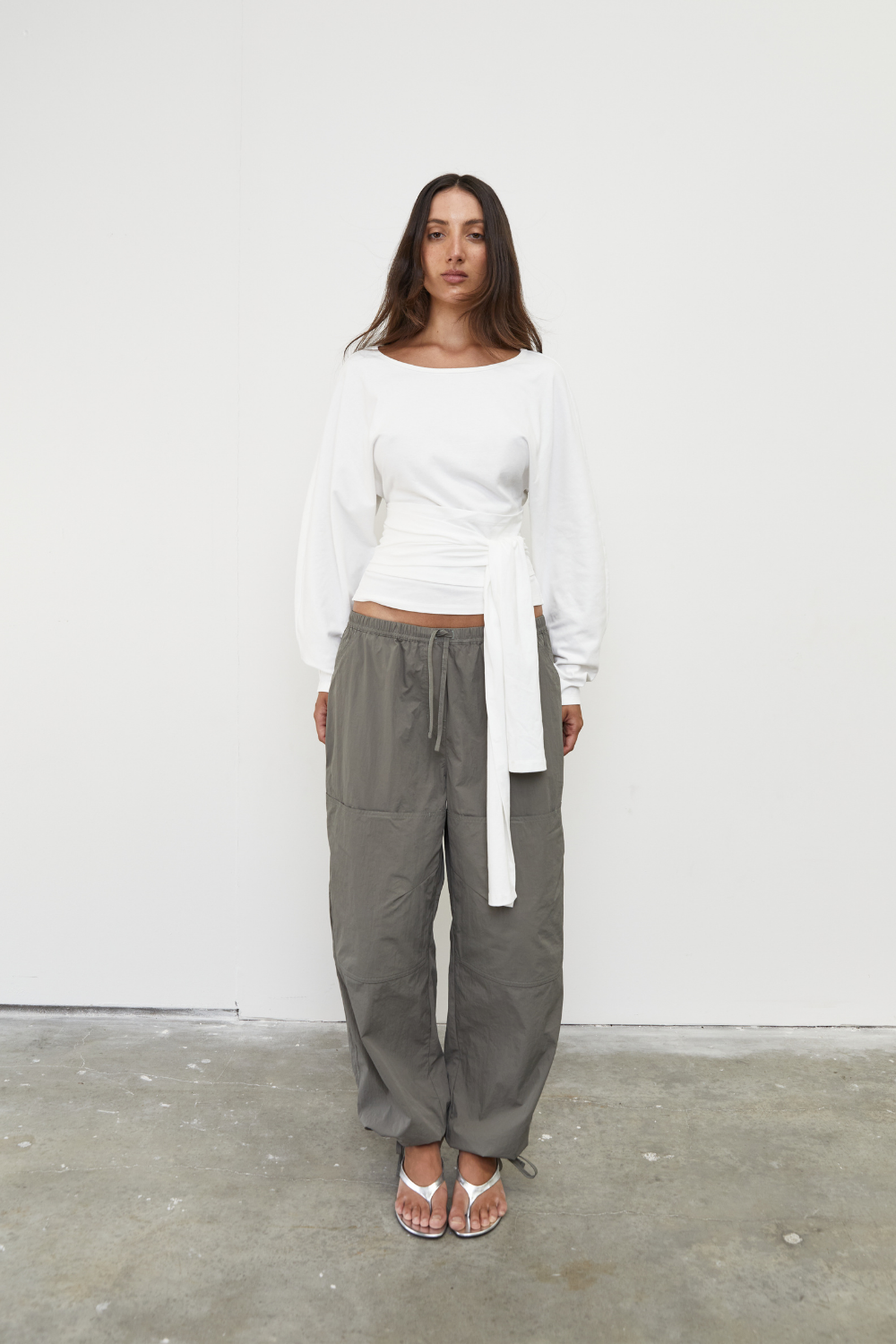 Waist Wrap Long Sleeve Top - White