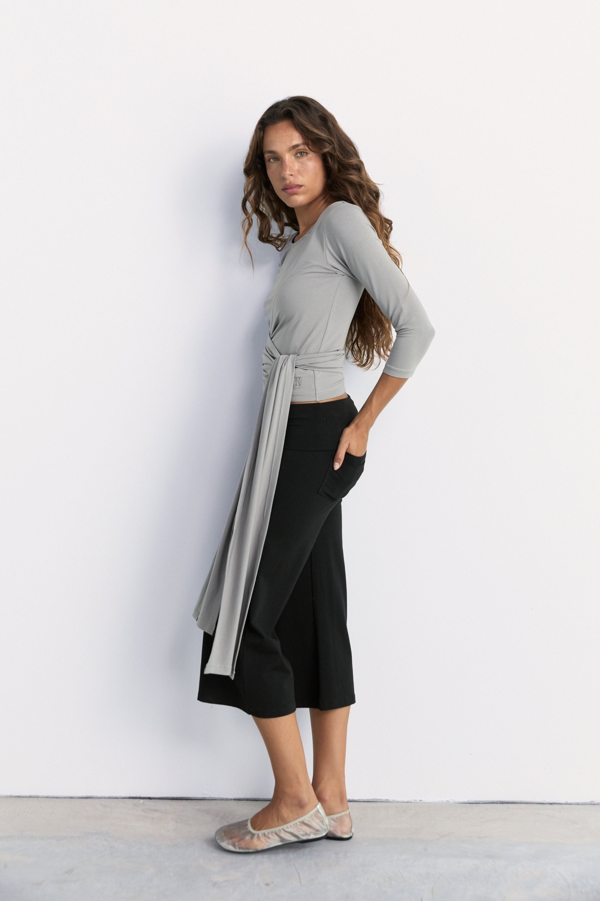Belted Wrap Around Top - Pebble Grey