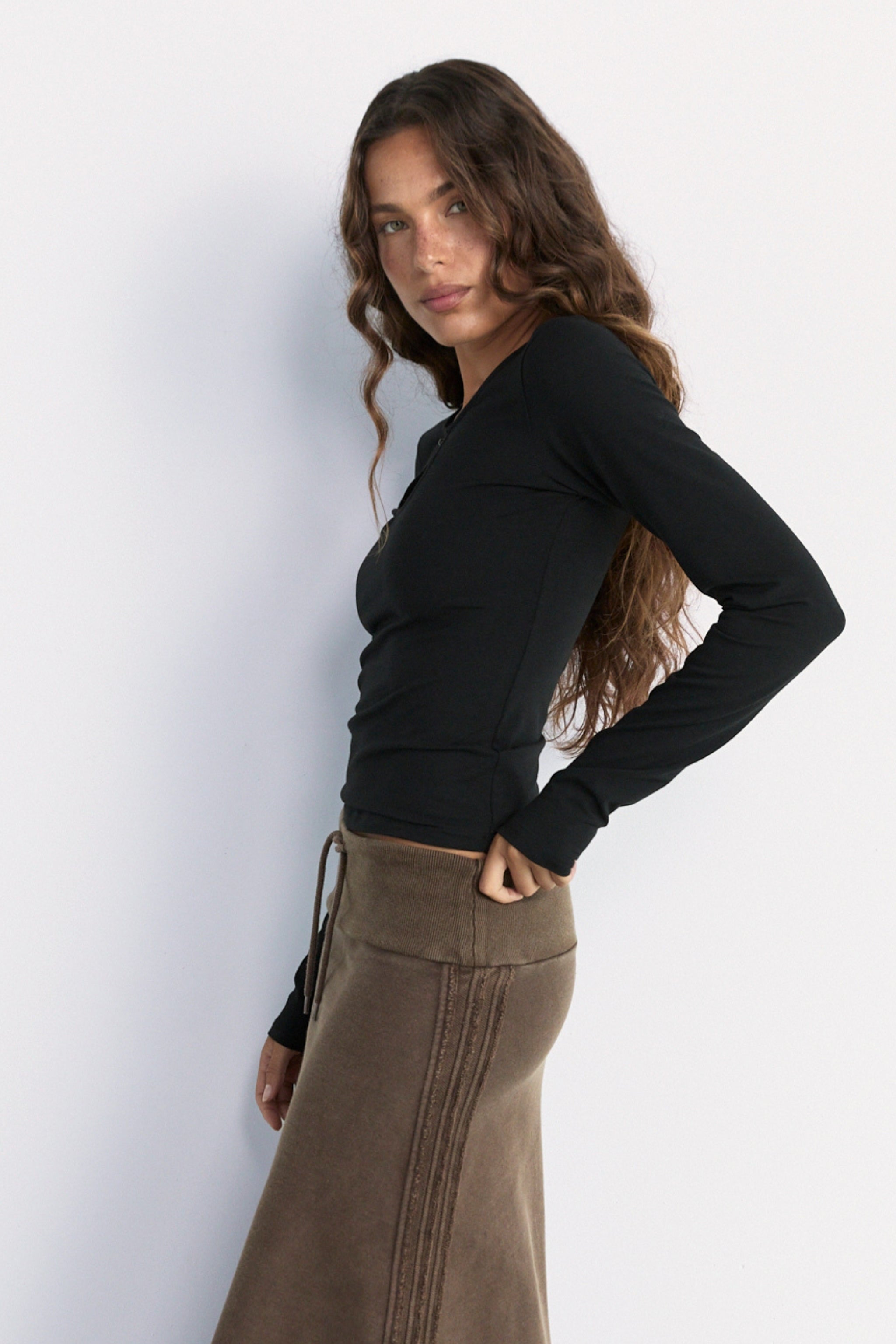 Beaded Long Sleeve Top - Black