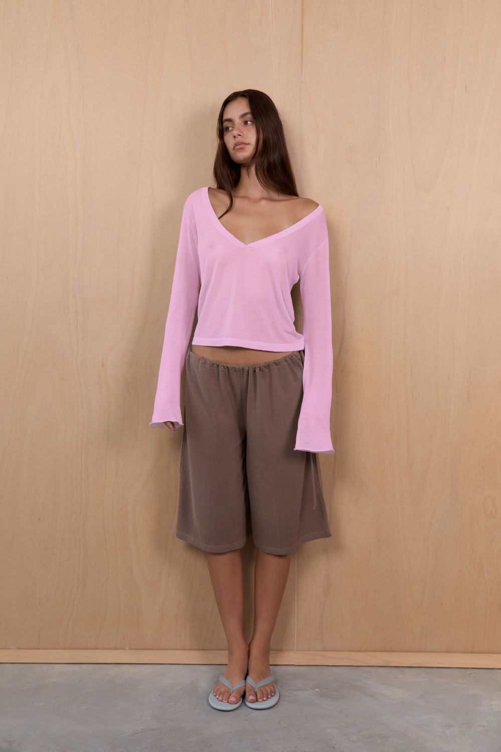 Knit Long Sleeve V Neck Jersey - Candy Pink