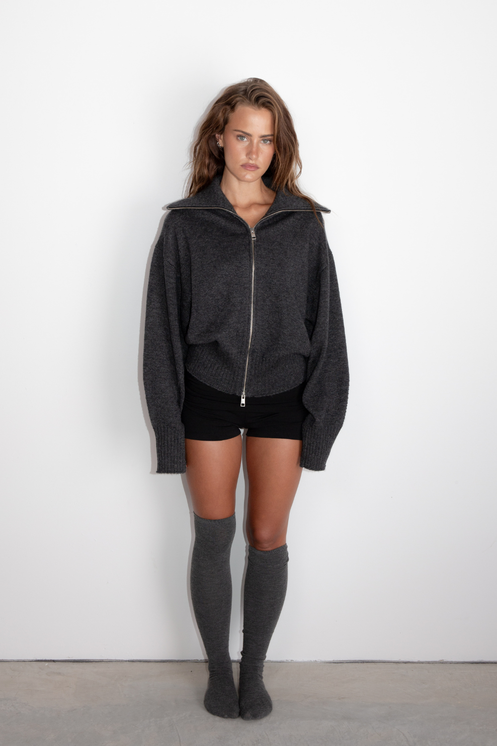 Fold Down Zipper Knit - Dark Grey