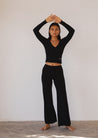 Lounge Top - Long Sleeve Mock Wrap Top - Black