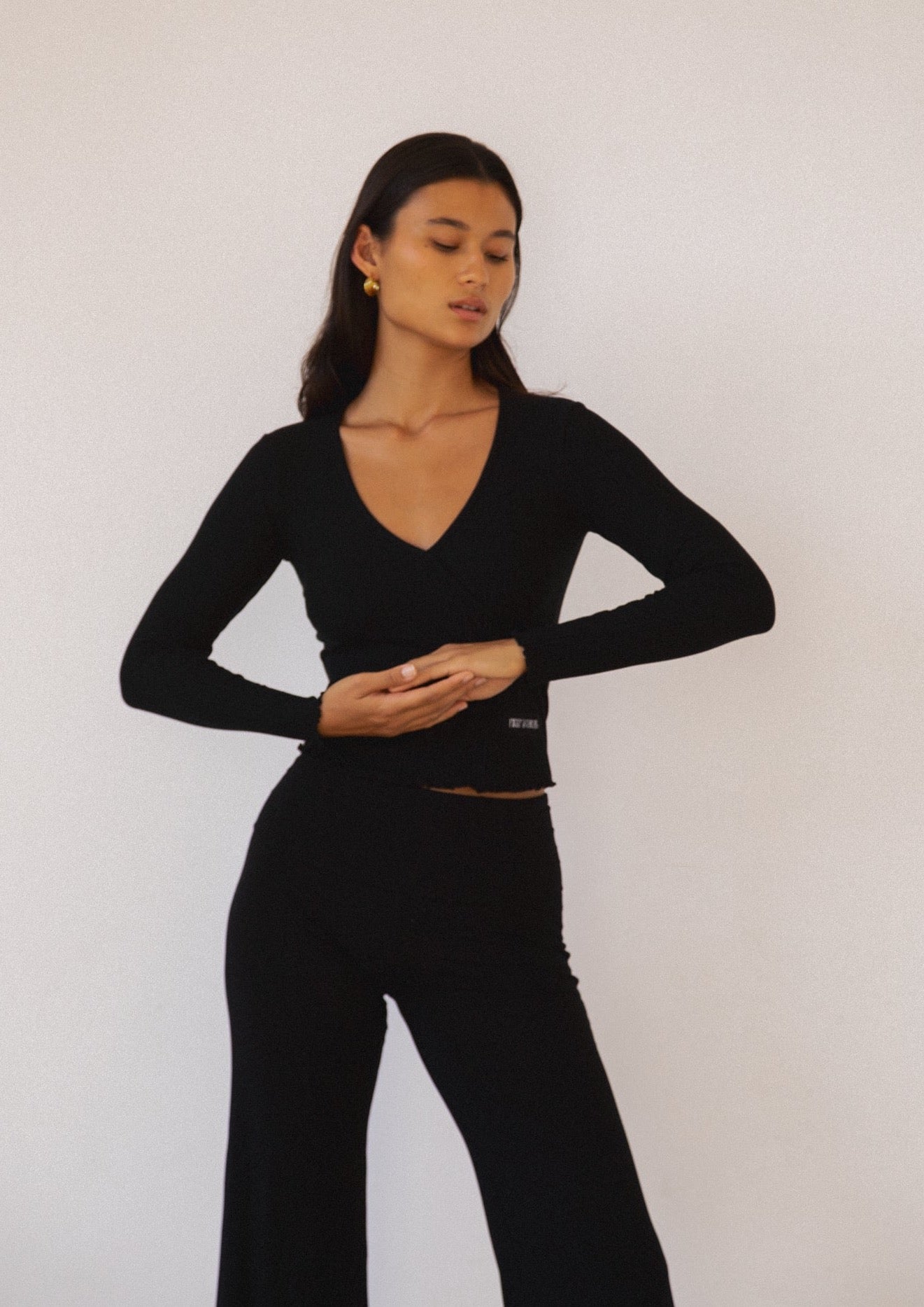 Lounge Top - Long Sleeve Mock Wrap Top - Black