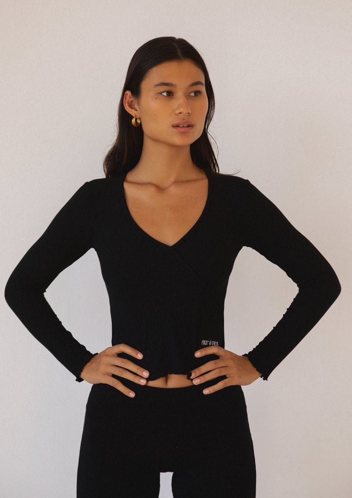 
                  
                    Load image into Gallery viewer, Lounge Top - Long Sleeve Mock Wrap Top - Black
                  
                