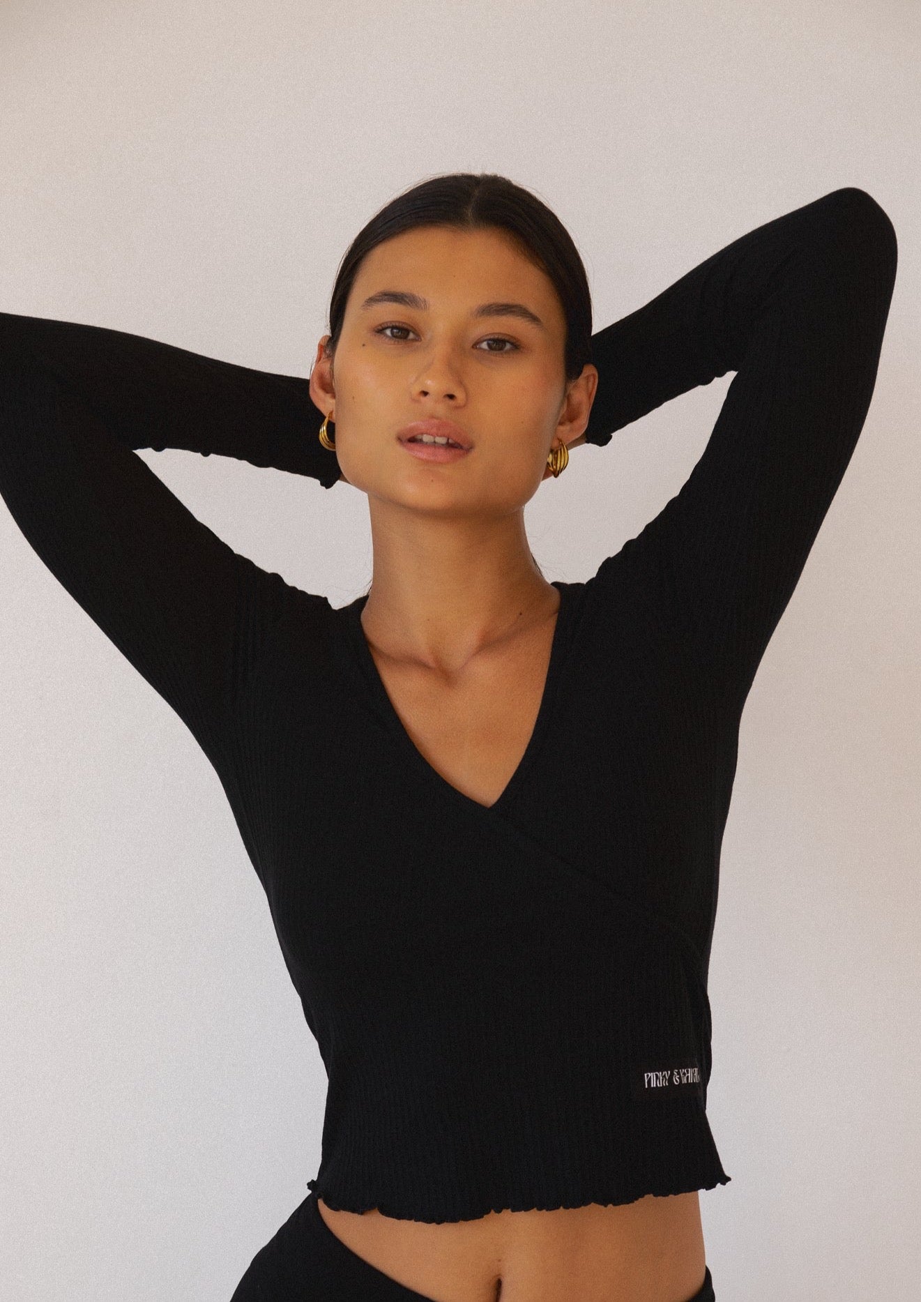 Lounge Top - Long Sleeve Mock Wrap Top - Black