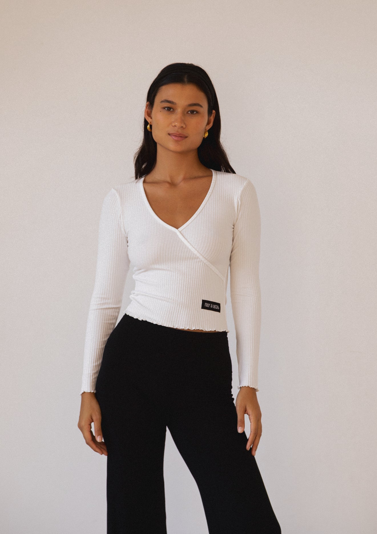 Lounge Top - Long Sleeve Mock Wrap Top - White