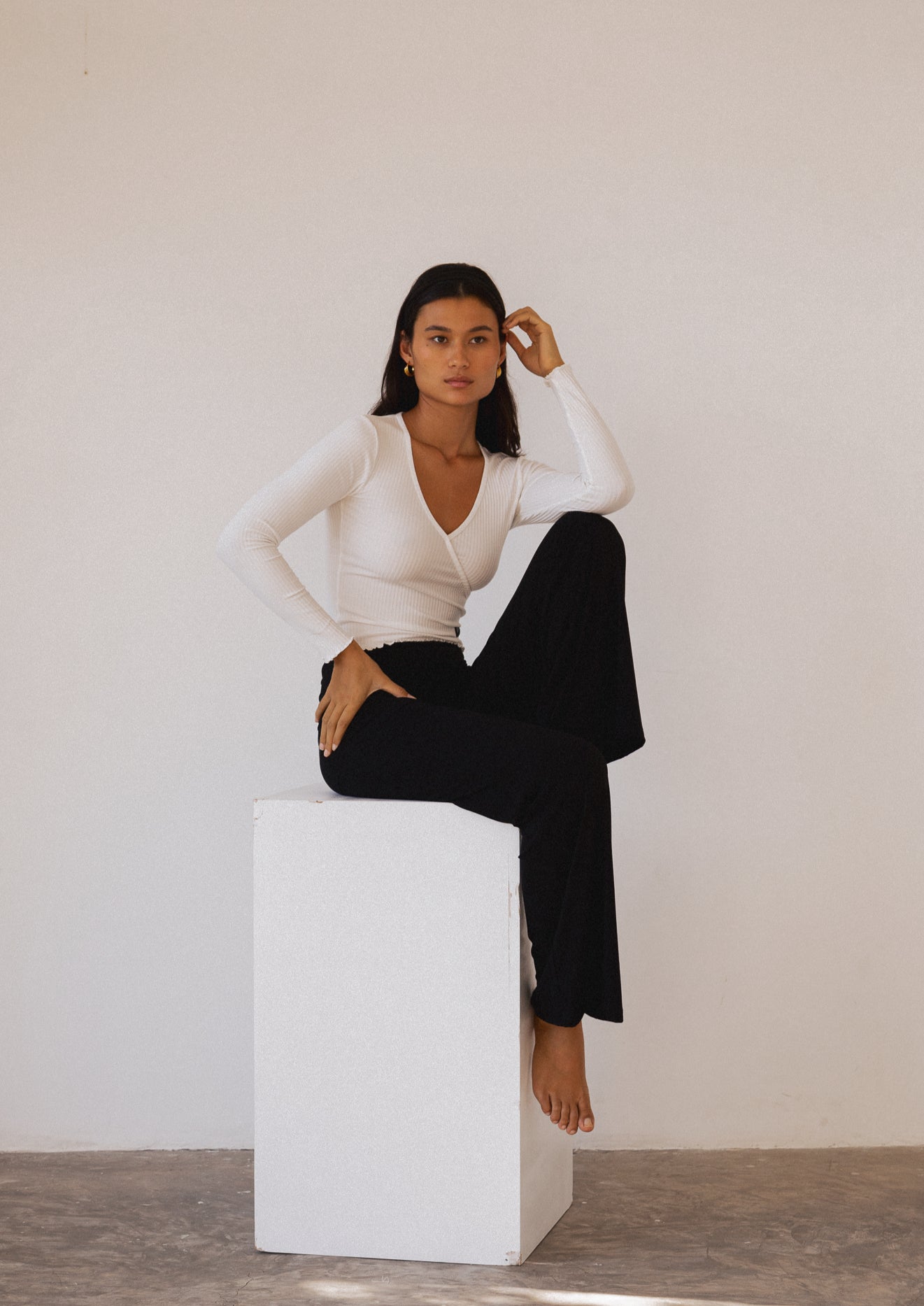 Lounge Top - Long Sleeve Mock Wrap Top - White