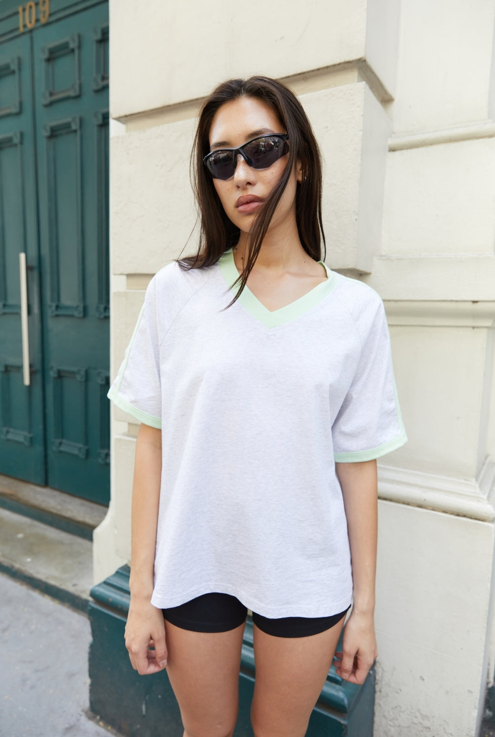 Jersey T Shirt - Grey Marle with Soft Mint