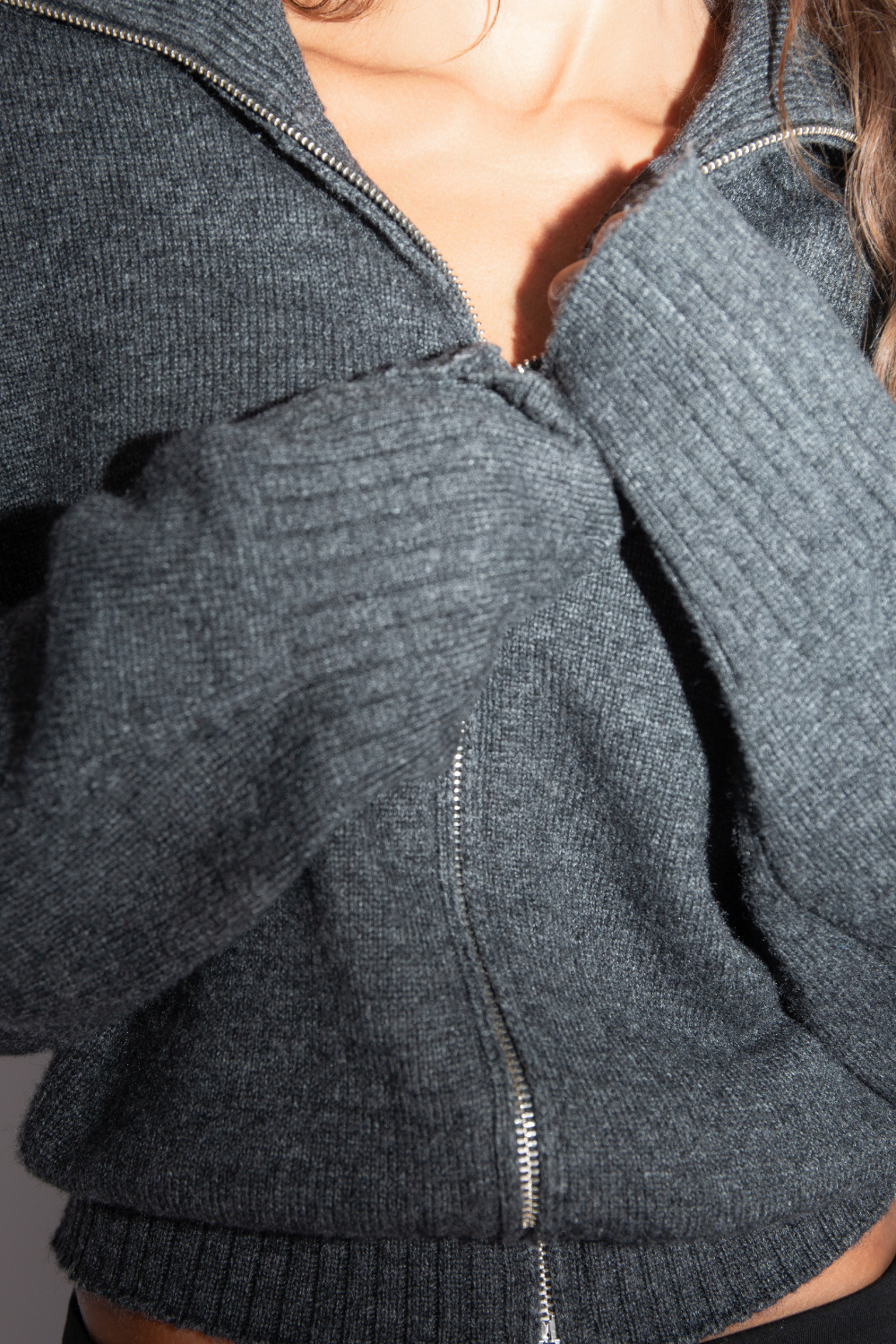 Fold Down Zipper Knit - Dark Grey