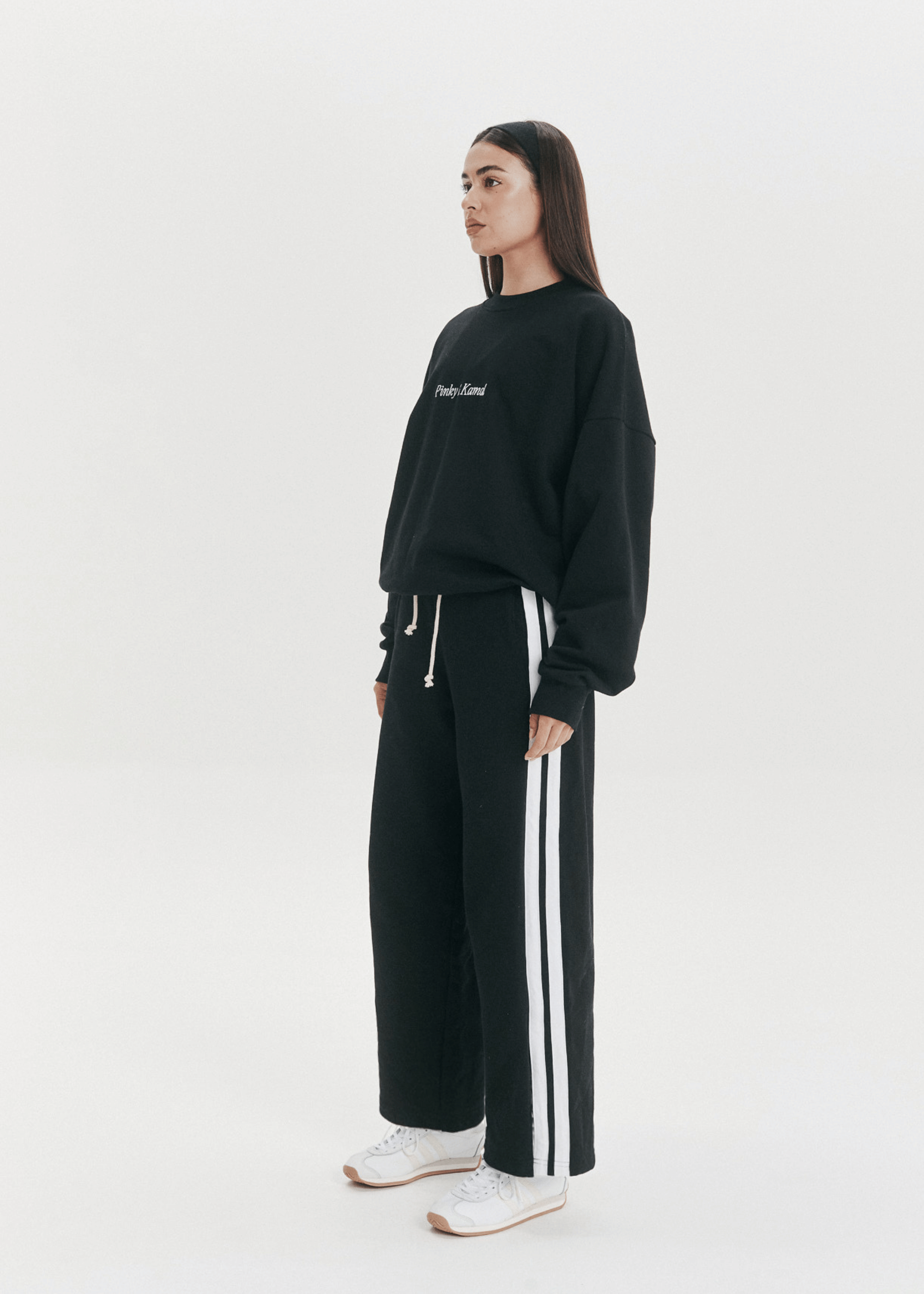 Wide Leg Trackpant- Black/White Stripe