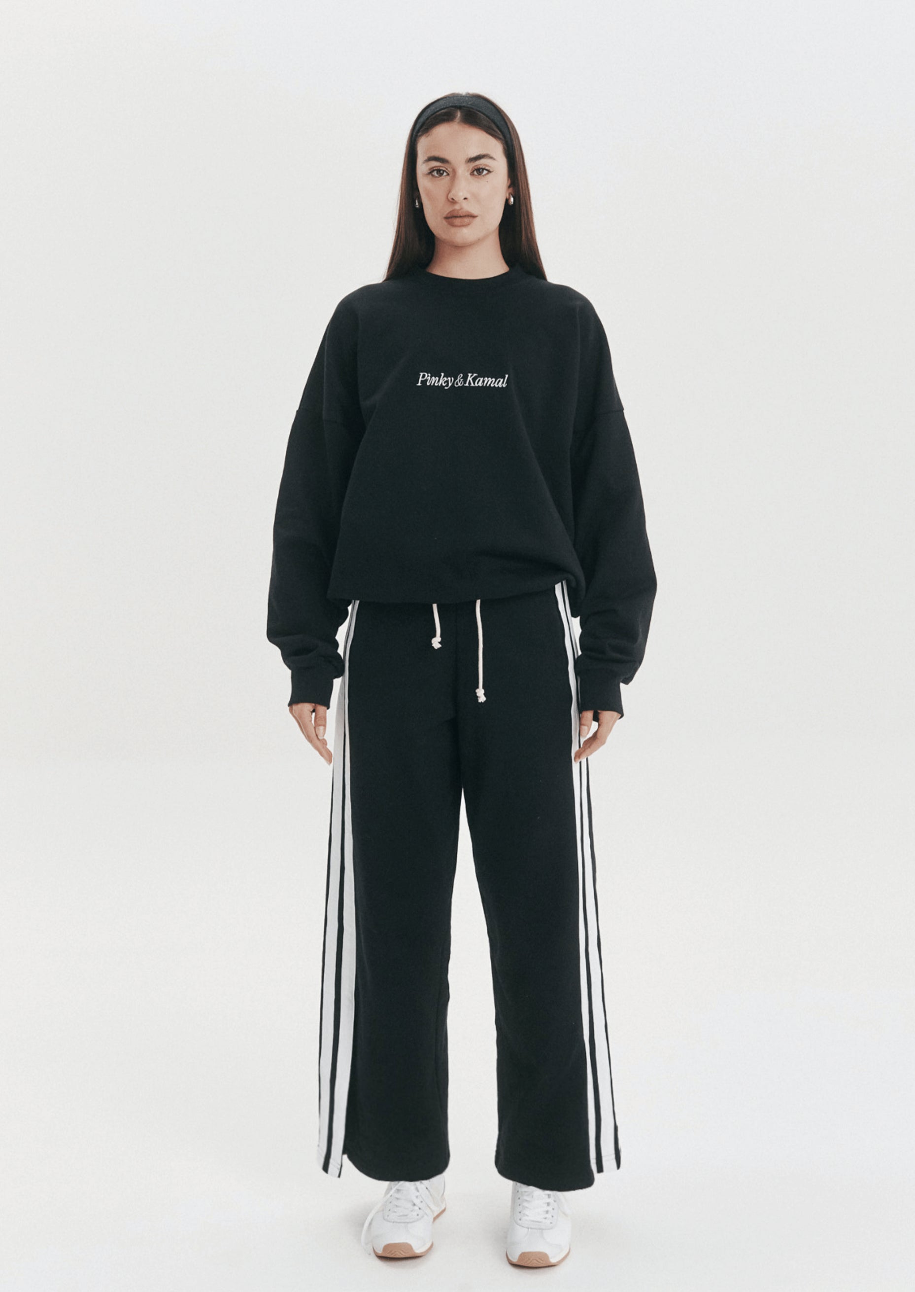 Wide Leg Trackpant- Black/White Stripe