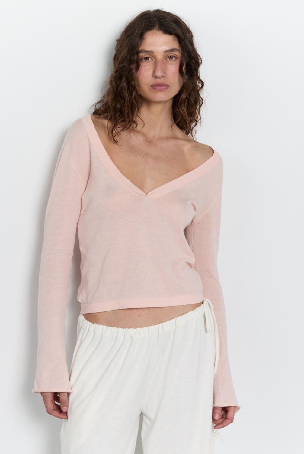 Knit LS V Neck Jersey - Light Pink
