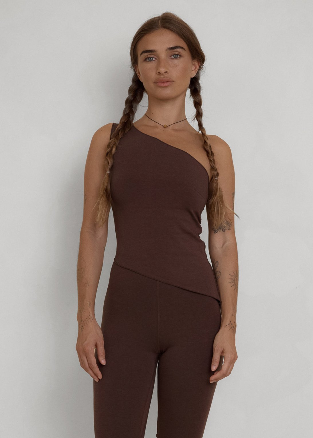 Yoga Pants - One Shoulder Asym Hem Tank - Dark Brown