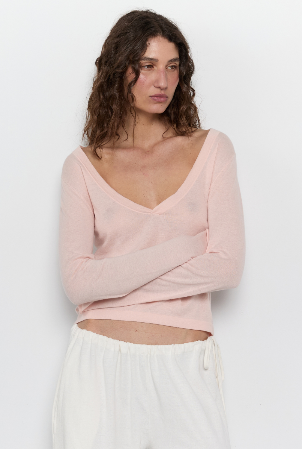 Knit LS V Neck Jersey - Light Pink